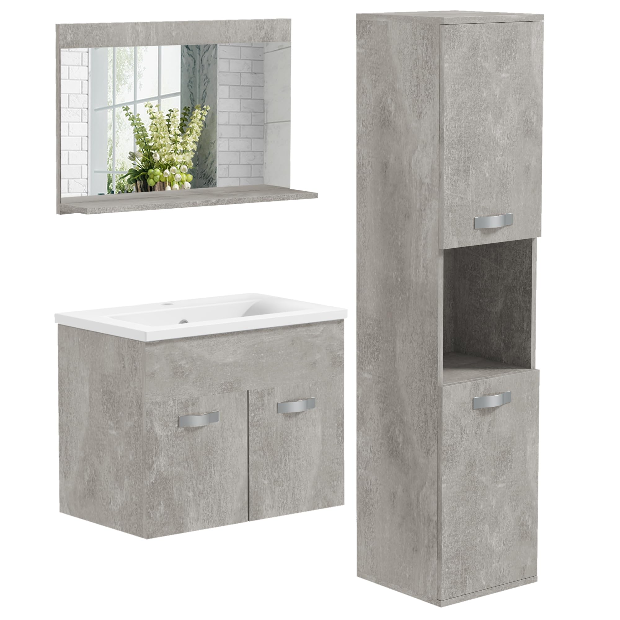 kleankin Ensemble de Meubles de Salle de Bain 4 pièces, Montage Mural, avec Miroir, Meuble sous Vasque, lavabo en céramique et Armoire Colonne Haute, étagères réglables, Style Moderne, Gris