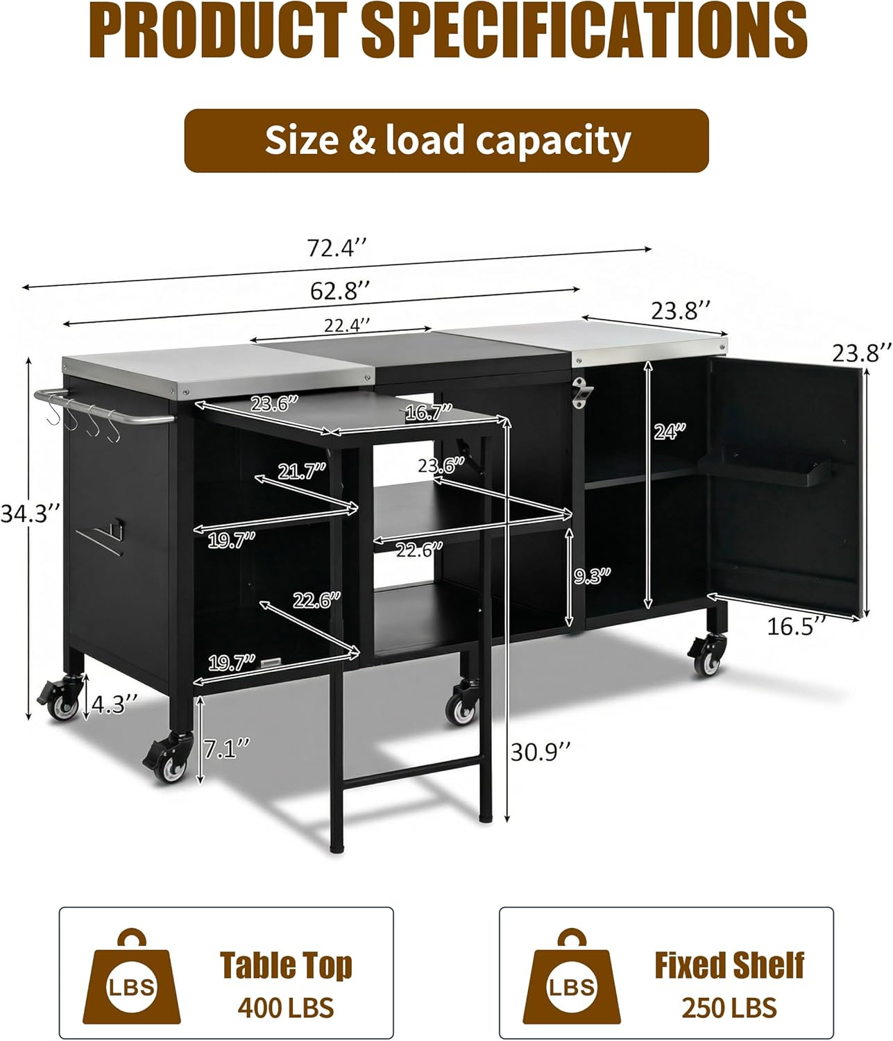 Outdoor Grill Cart with Stainless Steel Tabletop and Storage Cabinet, 72.4" Mobile Metal Kitchen Island with Adjustable Shelf & Fold-Out Prep Table for Egg Grills and Tabletop Grills, 72.4"