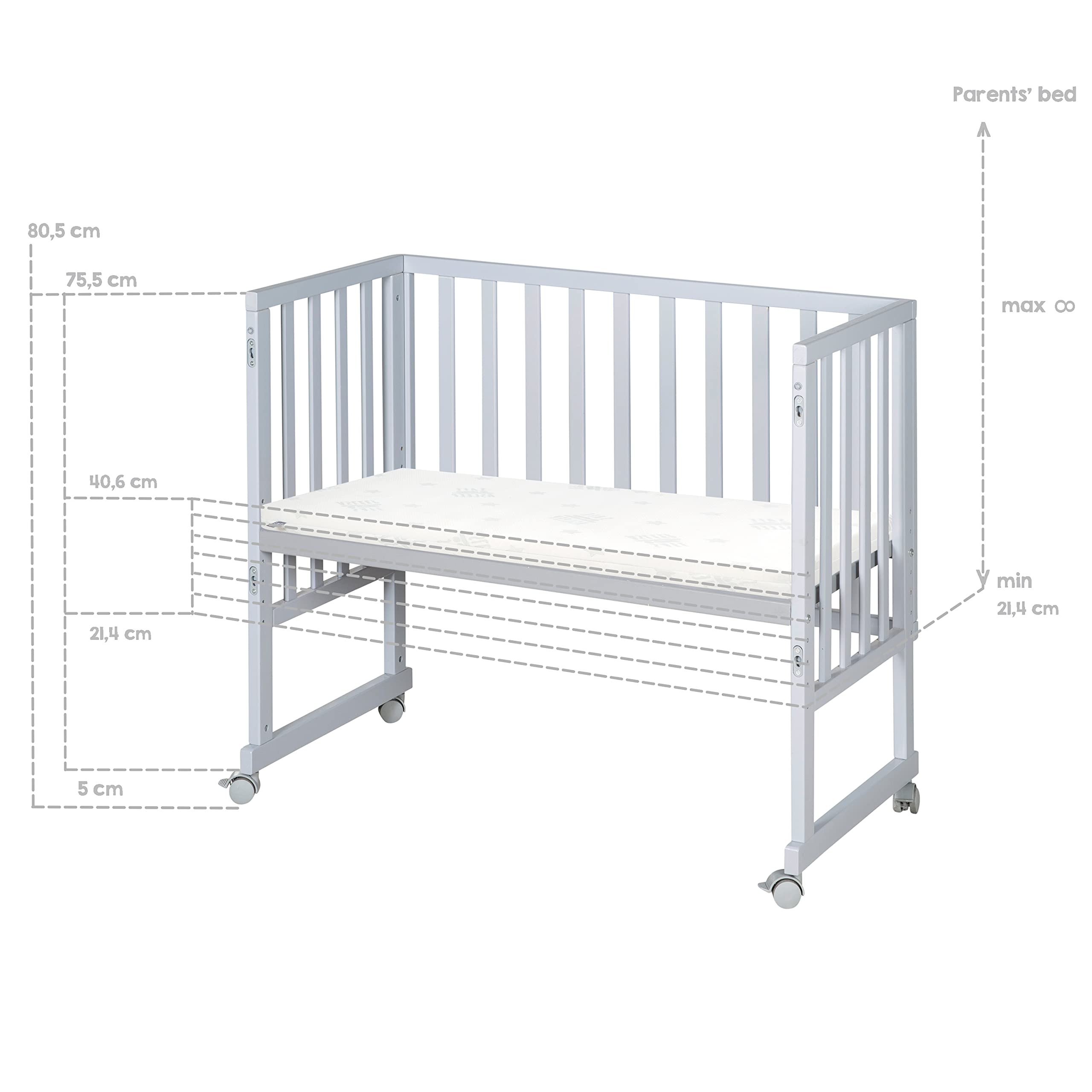 oba Stuben- und Beistellbett safe asleep® 3 in 1-45 x 90 cm - Höhenverstellbar - Komplettes Anstellbett mit Matratze + Canvas Barriere - Bett Set für Babys - Holz taupe/grau