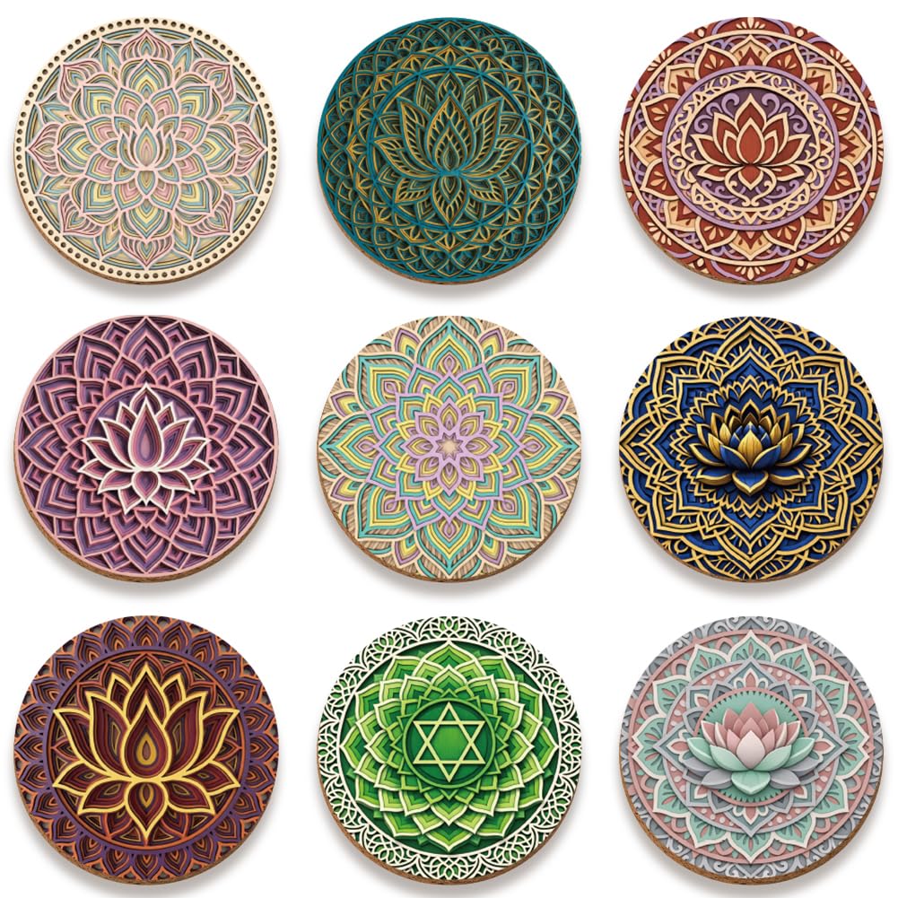 SUPERDANT 9 Pcs Wooden Coasters Mandala Lotus 3.94x3.94 Inch/10x10 cm Drink Coasters Colorful Wood Coaster Set for Coffee Table Dining Room Desk Home Decor