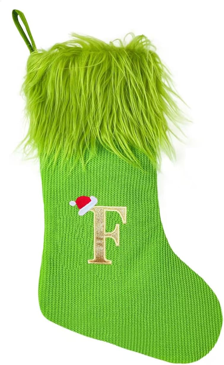 18 Inches Monogram Christmas Stockings, Green Knitted Xmas Stocking with Faux Fur Initial Embroidered Personalized Christmas Stockings Large Soft Stocking Decorations for Holiday Xmas Season Gift (K)