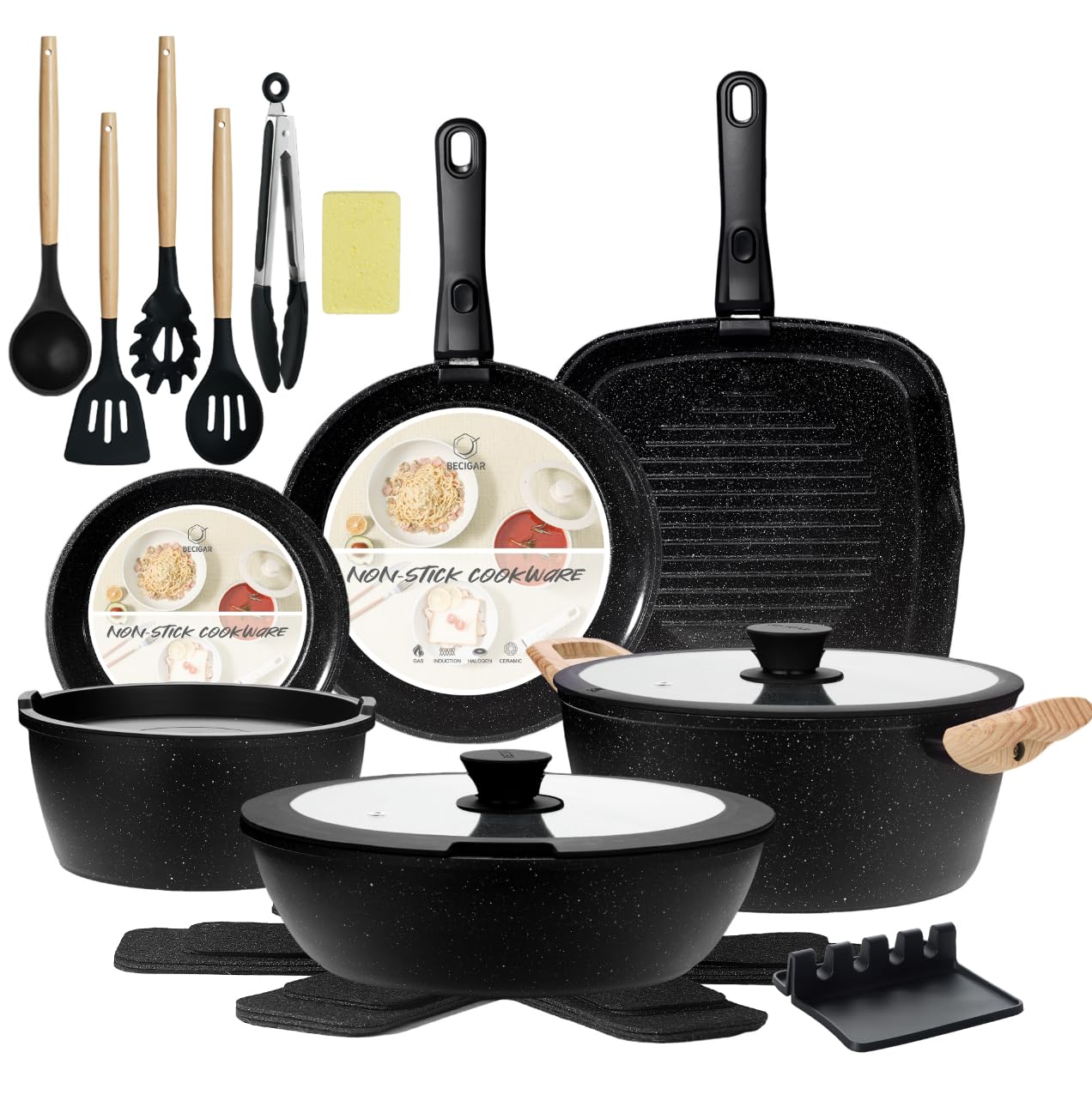 BECIGAR 23pcs Ceramic Pots and Pans Set