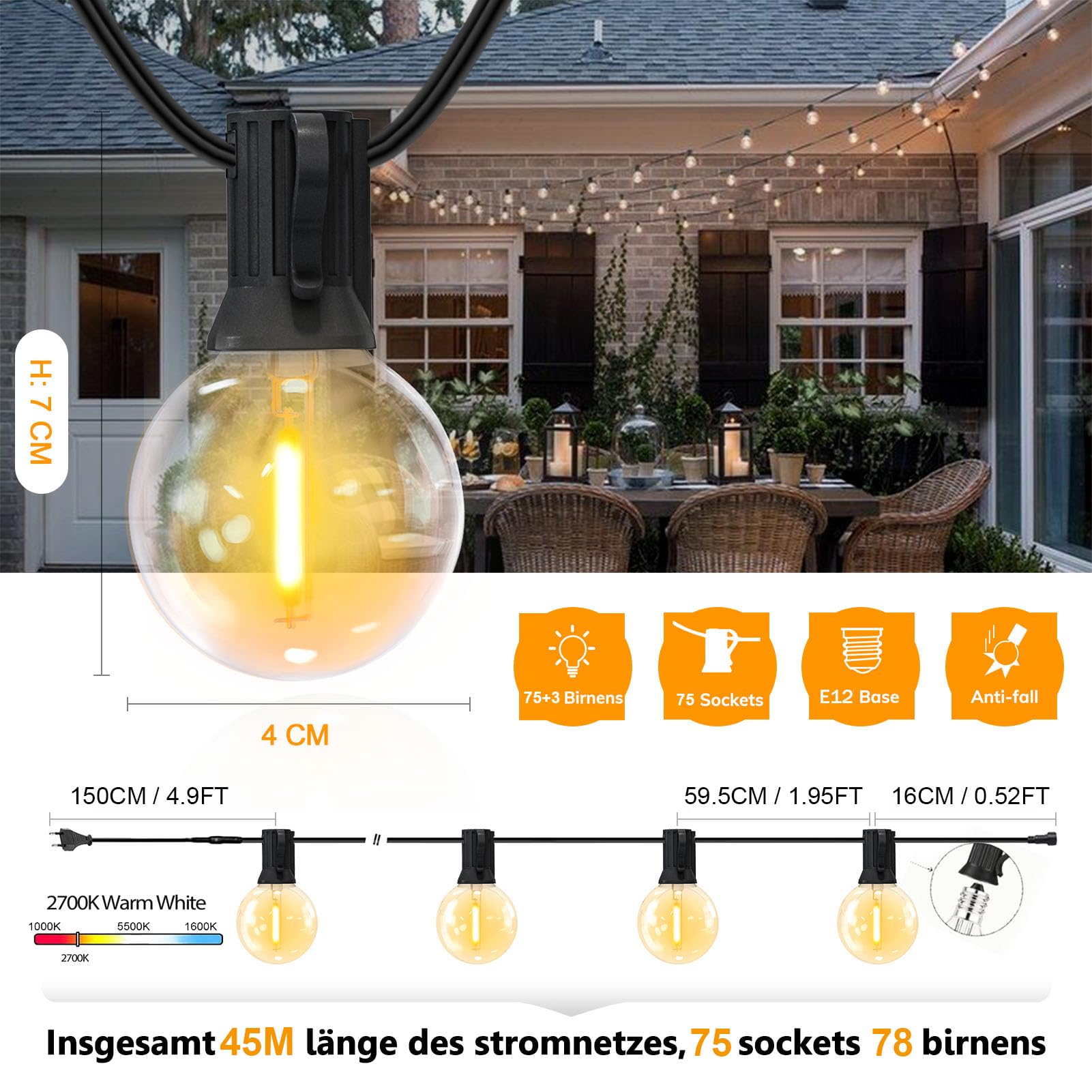 Achin Strombetriebene Lichterkette Außen 45M/150FT, IP45 Wasserdicht & Wetterfest, 75+3 G40 LED Glühbirnen, Dekorationsleuchte für Garten, Balkon, Veranda, Terrasse, Feier & Party