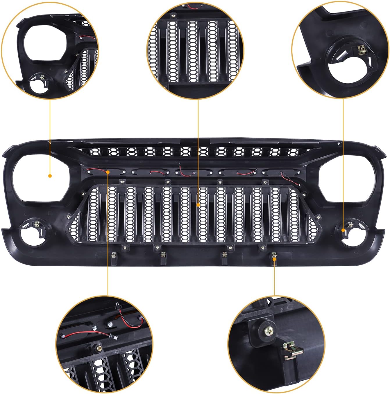 Front Grill Mesh Grille Cover Matte Black with Amber LED Running Lights for 2007-2018 Jeep Wrangler JK JKU Accessories & Unlimited Rubicon Sahara Sport, ABS