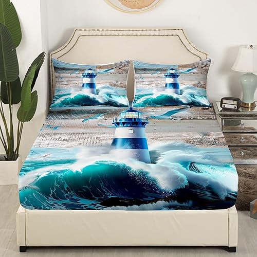 Miniatura 3 de Erosebridal Lighthouse - Juego de sábanas tamaño Queen, juego de ropa de cama náutica de olas del océano y mar, decoración de dormitorio, sábanas