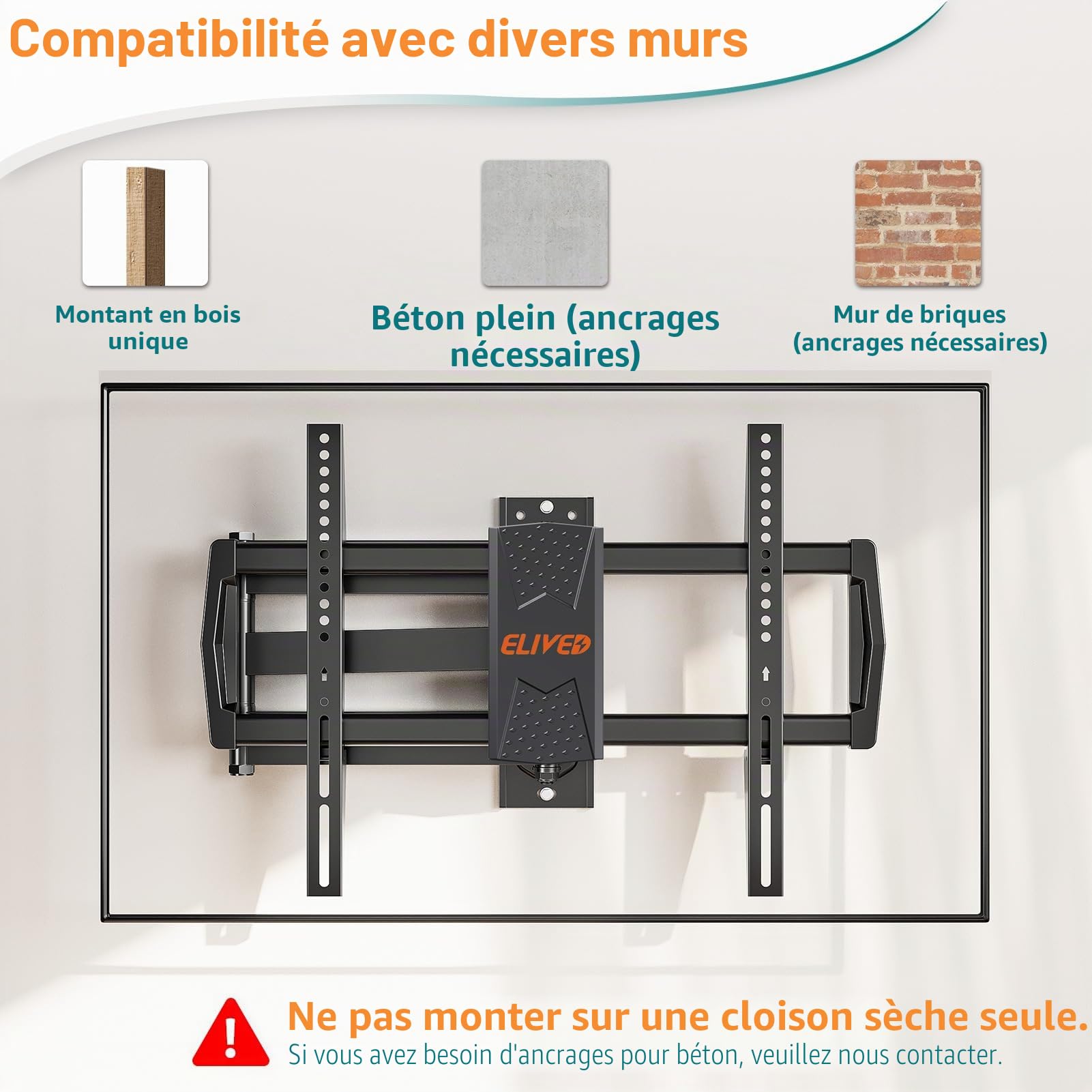 ELIVED Support mural de 813 mm pour la plupart des téléviseurs de 37 à 75 pouces | Bras d'extension, inclinable, pivotant, support mural d'angle pour TV, VESA max 600 x 400 mm, supporte jusqu'à 45 kg