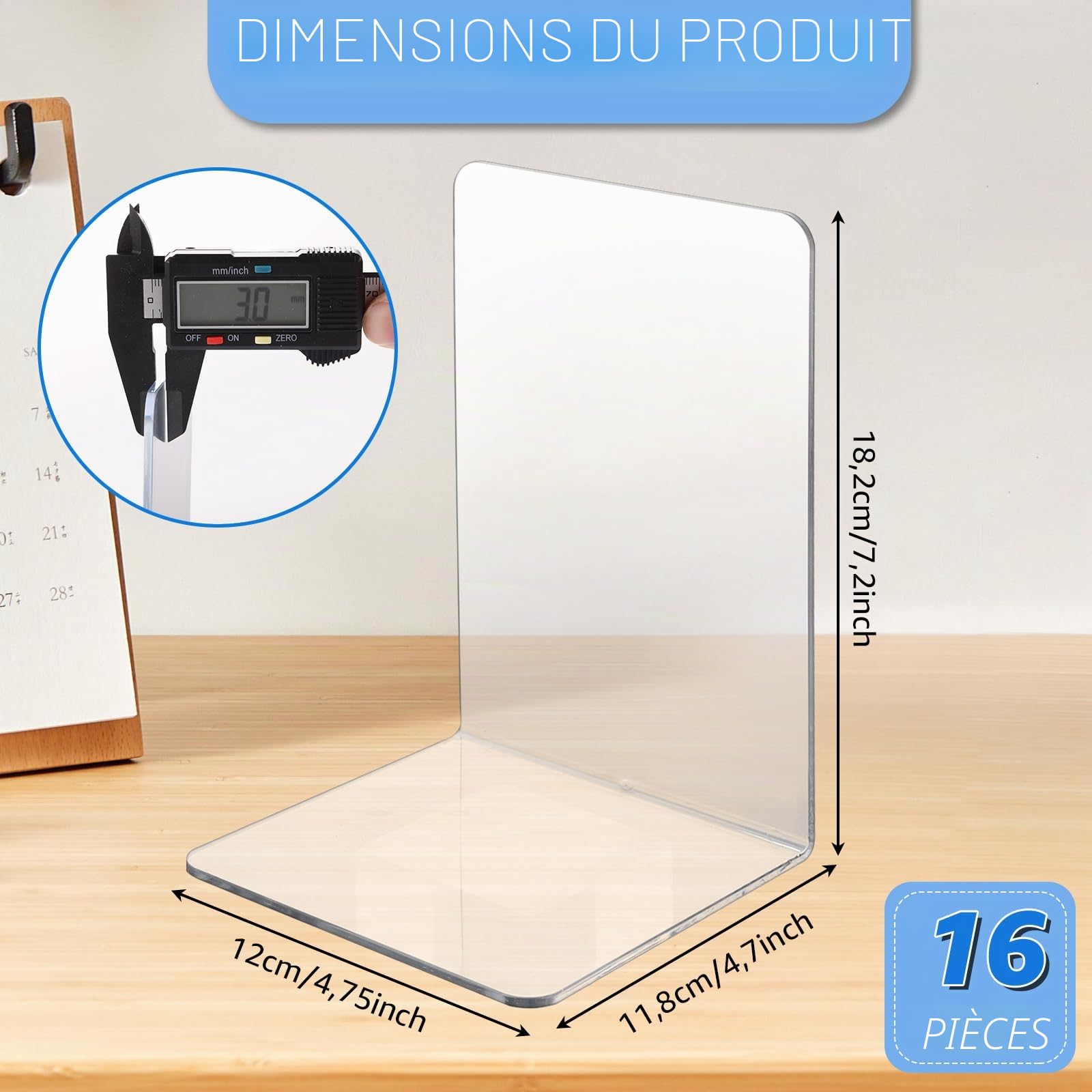 APACALI 16PCS Serre Livres en Acrylique Transparent pour Étagères, Support de Tablette pour Bibliothèque, Bureau, Écoles, Librairie