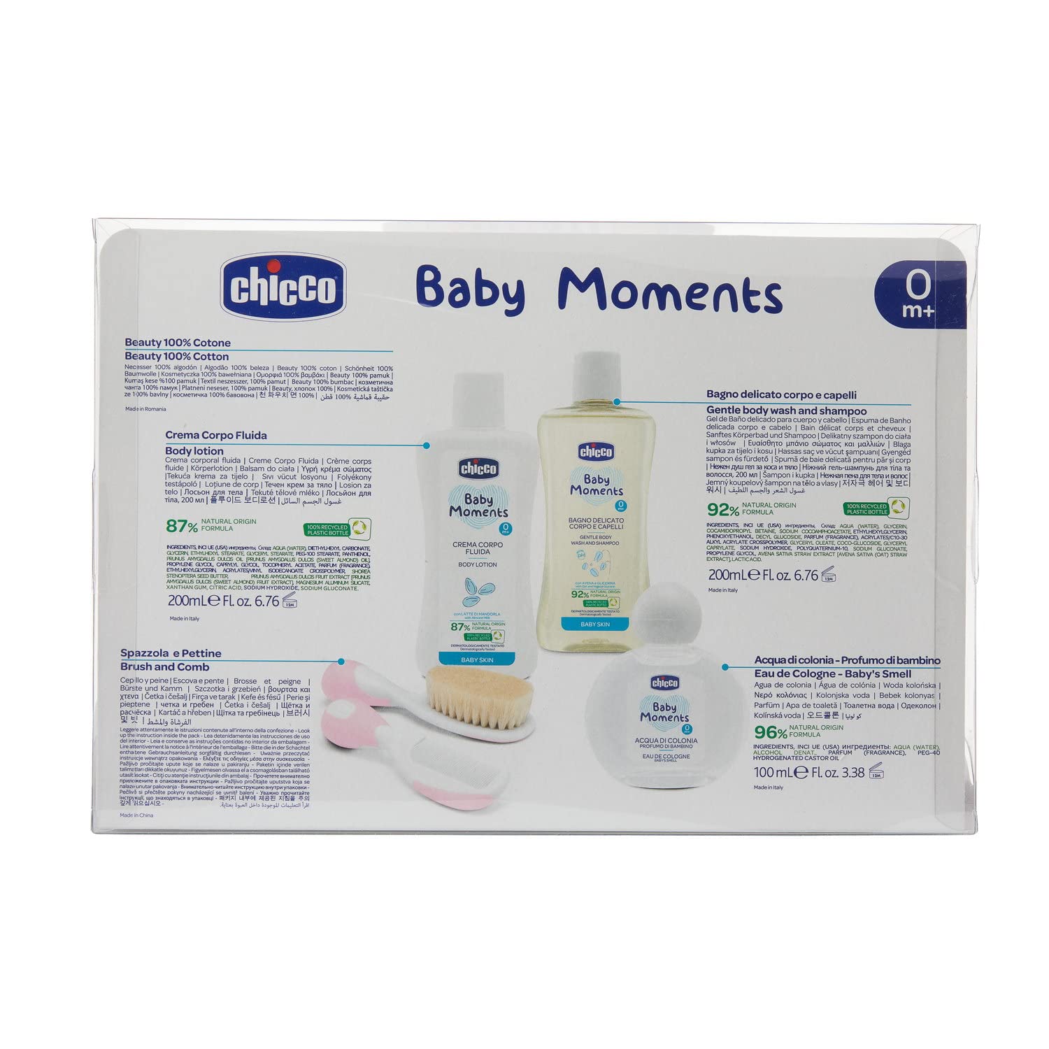 Chicco Geschenkset Baby Moments, Mit Eau de Cologne 100ml, Sanfte Körper- und Haarwäsche 200ml, Körpercreme 200ml, Bürste und Kamm, Alles, was man für das Baden braucht, Rosa, 0 Monate+