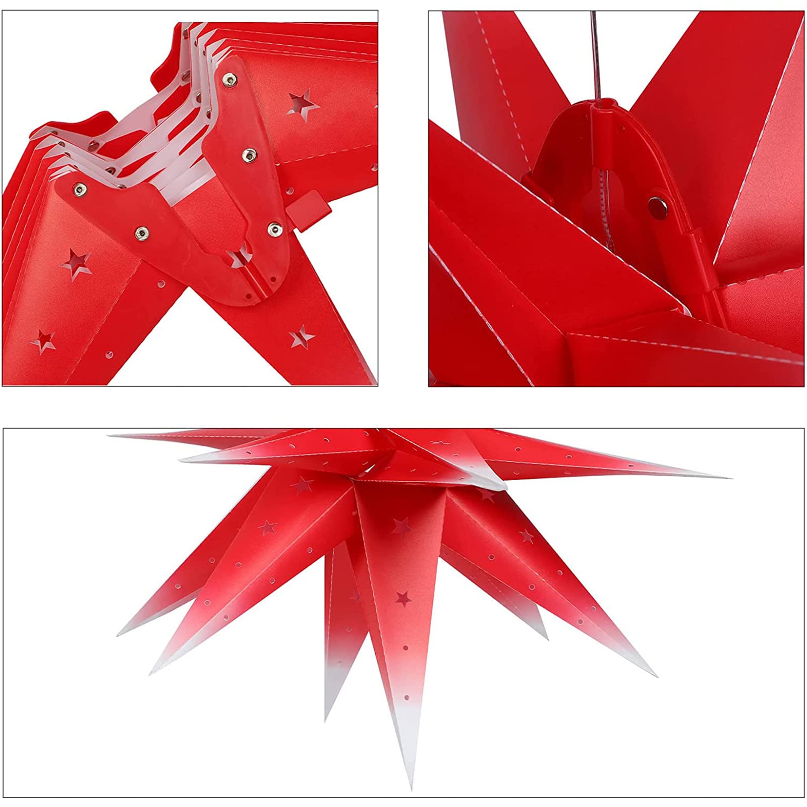 Puntale per albero di Natale, lanterna a stella in PVC da 45 cm, stringa di luci a forma di stella a 18 punte con lampadina, decorazione a forma di ciondolo appeso a forma di stella scavata per intern