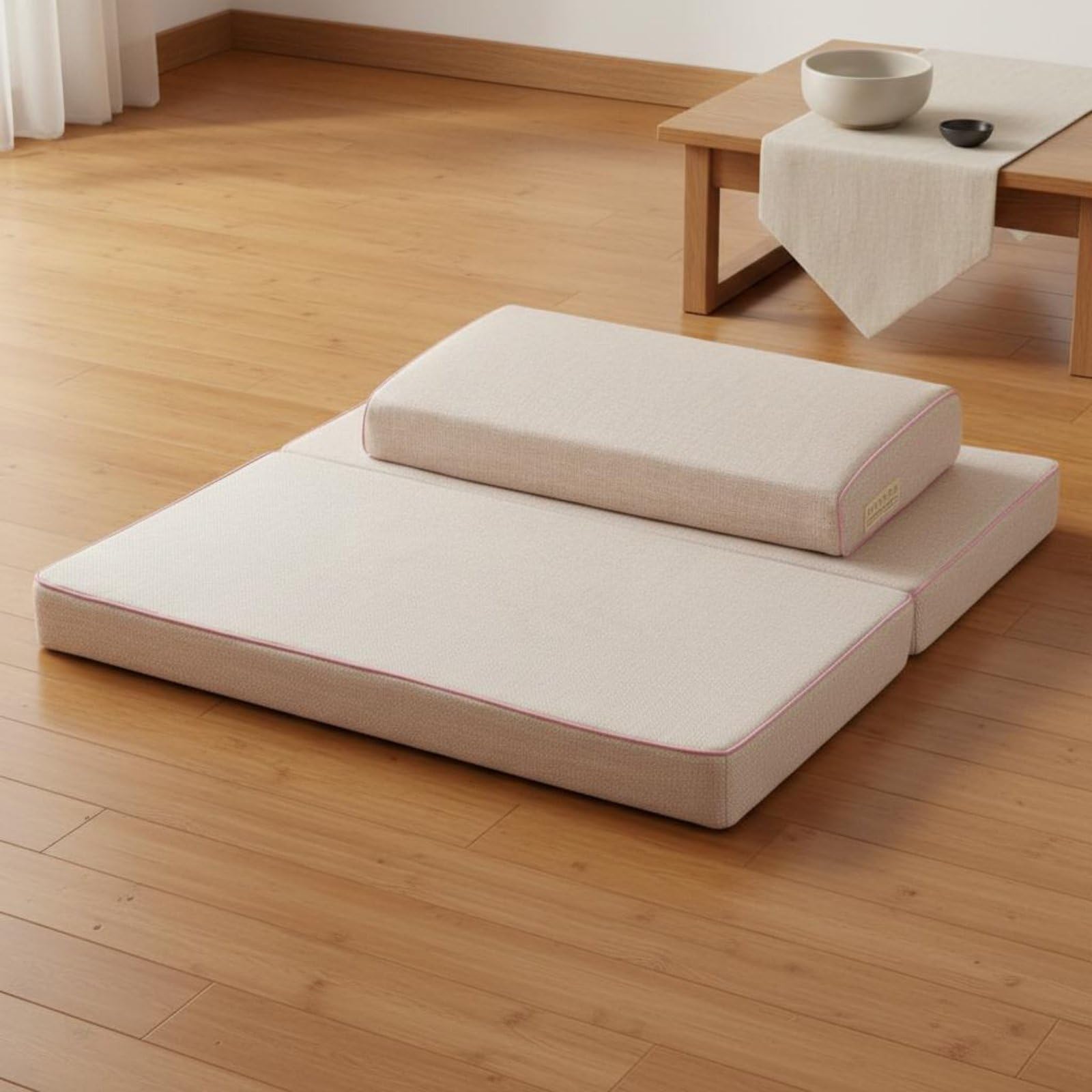 predolo Cuscino Meditazione con Tappeto Tessuto Set da Meditazione Cuscino da Rotondo Tappetino Portatile, Beige Con Ricamo, 60×60cm Cuscino Superiore+Inferiore+Borsa