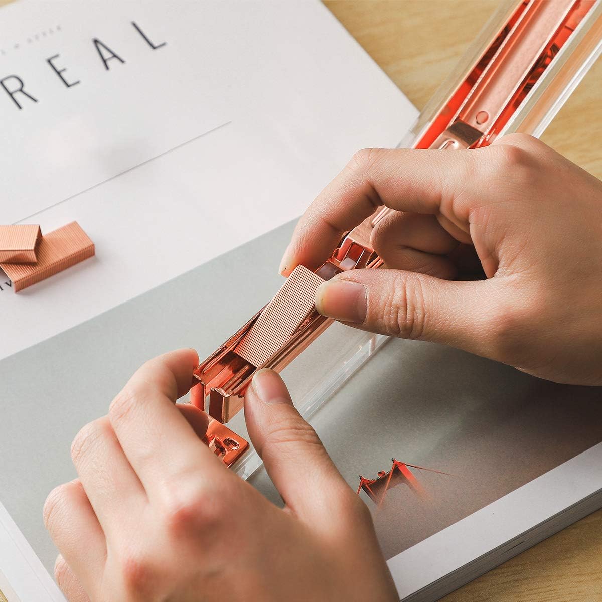 KETIEE Desk Accessory 2 Kits, Rose Gold Stapler Set, Tape Dispenser