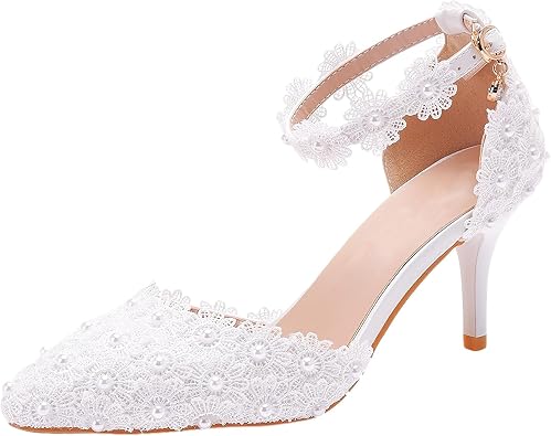 ANUFER Womens Elegant Pointed Toe Stiletto Heel Ankle Strap Pumps Floral Lace Pearls Bridal Shoes