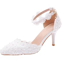 ANUFER Womens Elegant Pointed Toe Stiletto Heel Ankle Strap Pumps Floral Lace Pearls Bridal Shoes