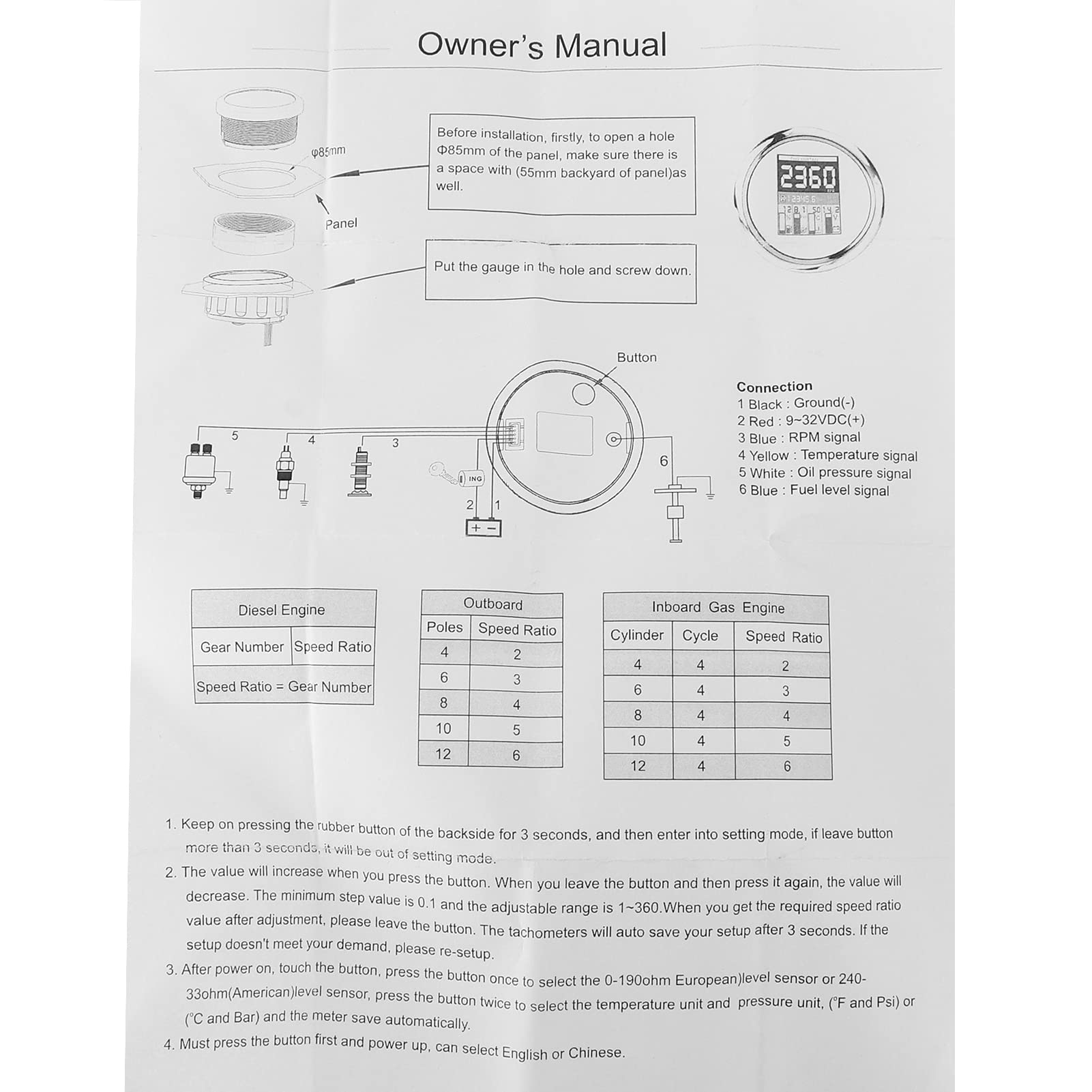 Tachymètre Numérique à Jauge de Tachymètre Jauge Multifonction 85mm RPM Temp Pression D'huile Compteur de Niveau de Carburant pour Moto Hors-bord de Voiture(Disque noir)