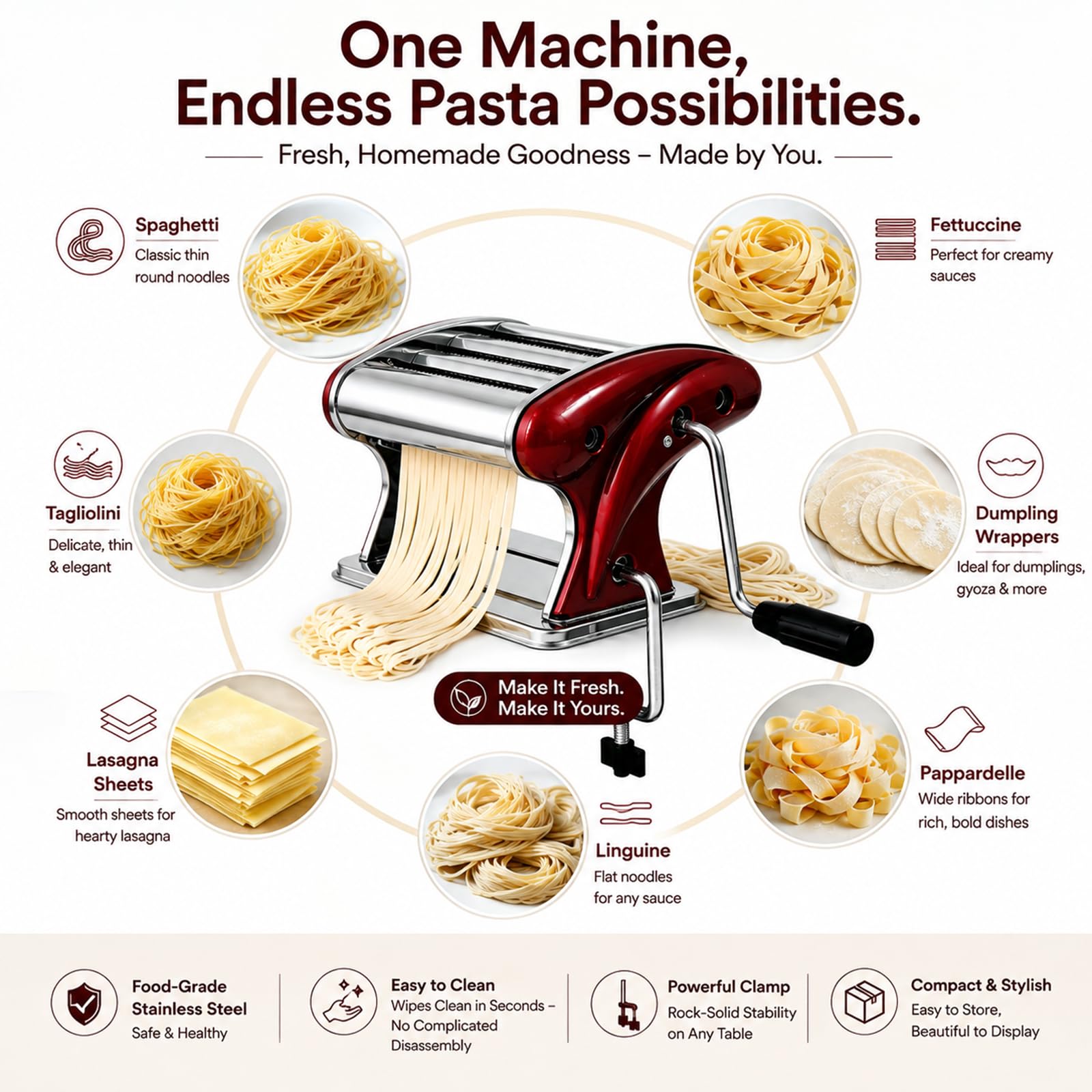 XINGYUEXUAN Máquina manual para hacer pasta, fideos, masa, acero inoxidable, con cortadores de 2 mm y 4 mm para hacer pasta casera