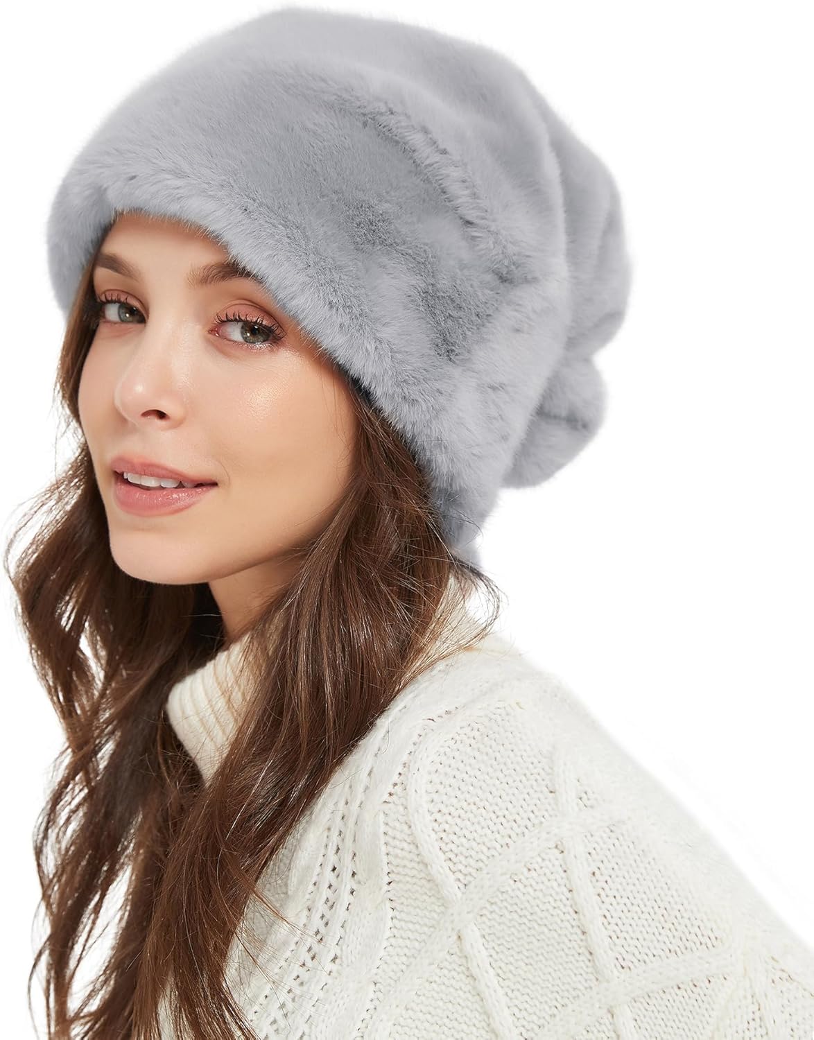 Women Faux Mink Fur Hat Santa hat Slouchy Beanie Chunky Baggy Hat Winter Fur Hat Warm Ski Cap