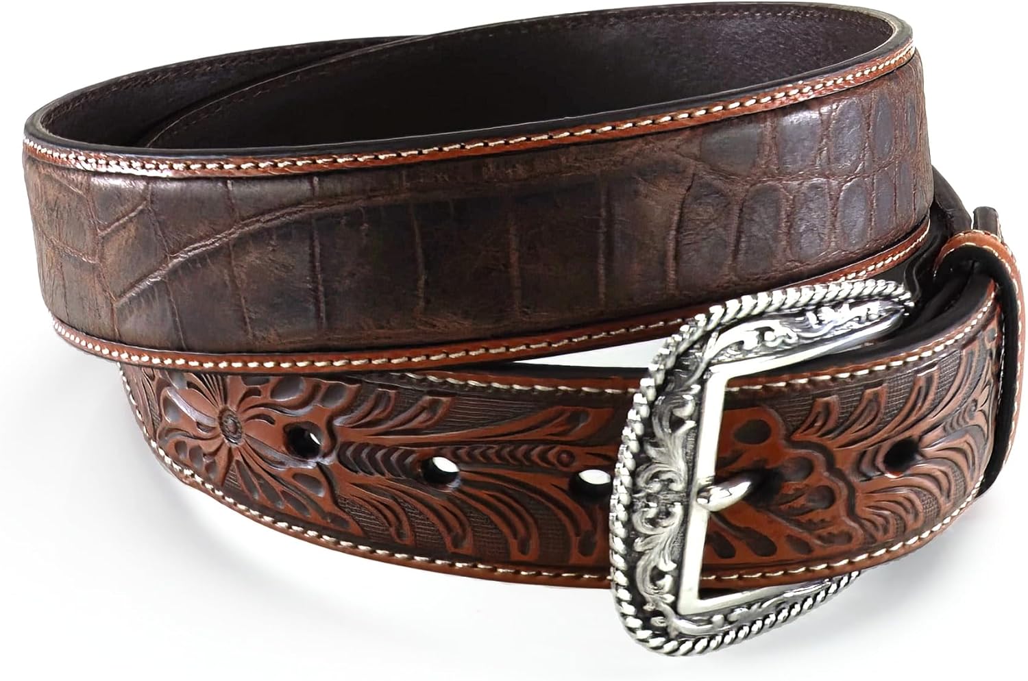 ARIAT Men's Two-Tone Floral Tab Crocodile Print Leather Belt - Image 2