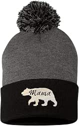 Adult Mama Bear Embroidered Knit Beanie Pom Cap