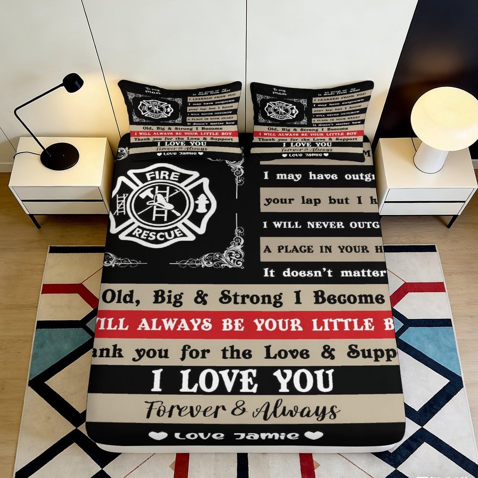 3D Printed Firefighter Badge Fitted Sheet Microfiber Soft Breathable Inspirational Quote Bed Cover for Bedroom Dorm Decor 90x200x25cm