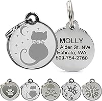 Vista 7 de Placas personalizables para mascotas, de acero inoxidable, para perros y gatos. Grabado personalizable con cuatro líneas de texto, elegante