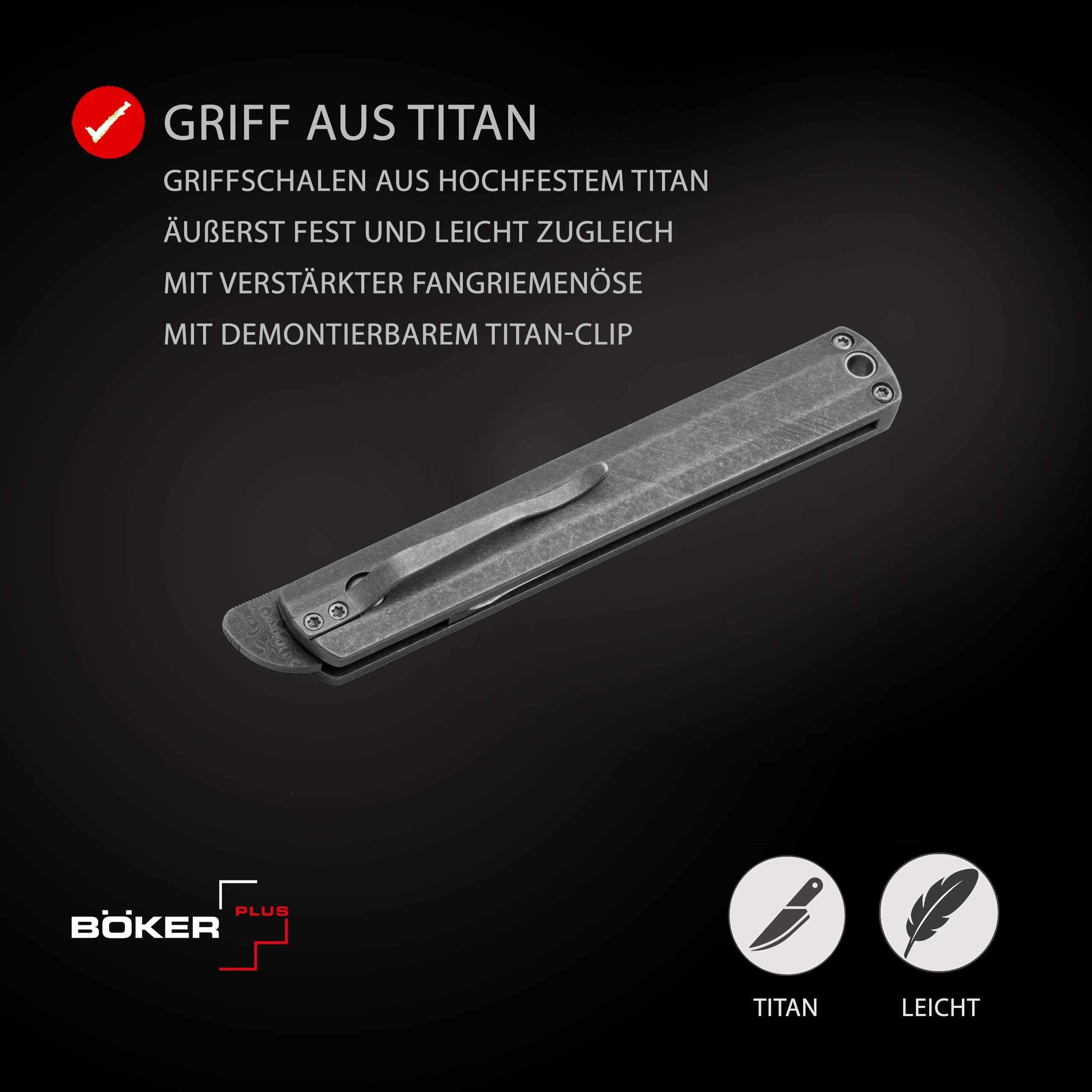BÖKER PLUS® Wasabi Damast - hochwertiges Damaszener Taschenmesser japanischer Stil - EDC 110 Lagen Damast Klapp-Messer mit Titan Griff in Geschenkbox