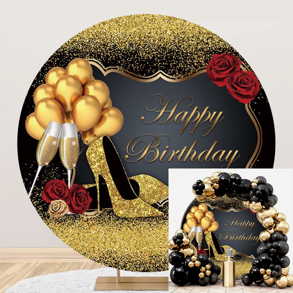 Leyiyi 7.5x7.5ft Glitter Gold and Black Happy Birthday Round Backdrop Cover for Women Birthday Party Gold High Heels Champagne Balloons Red Rose