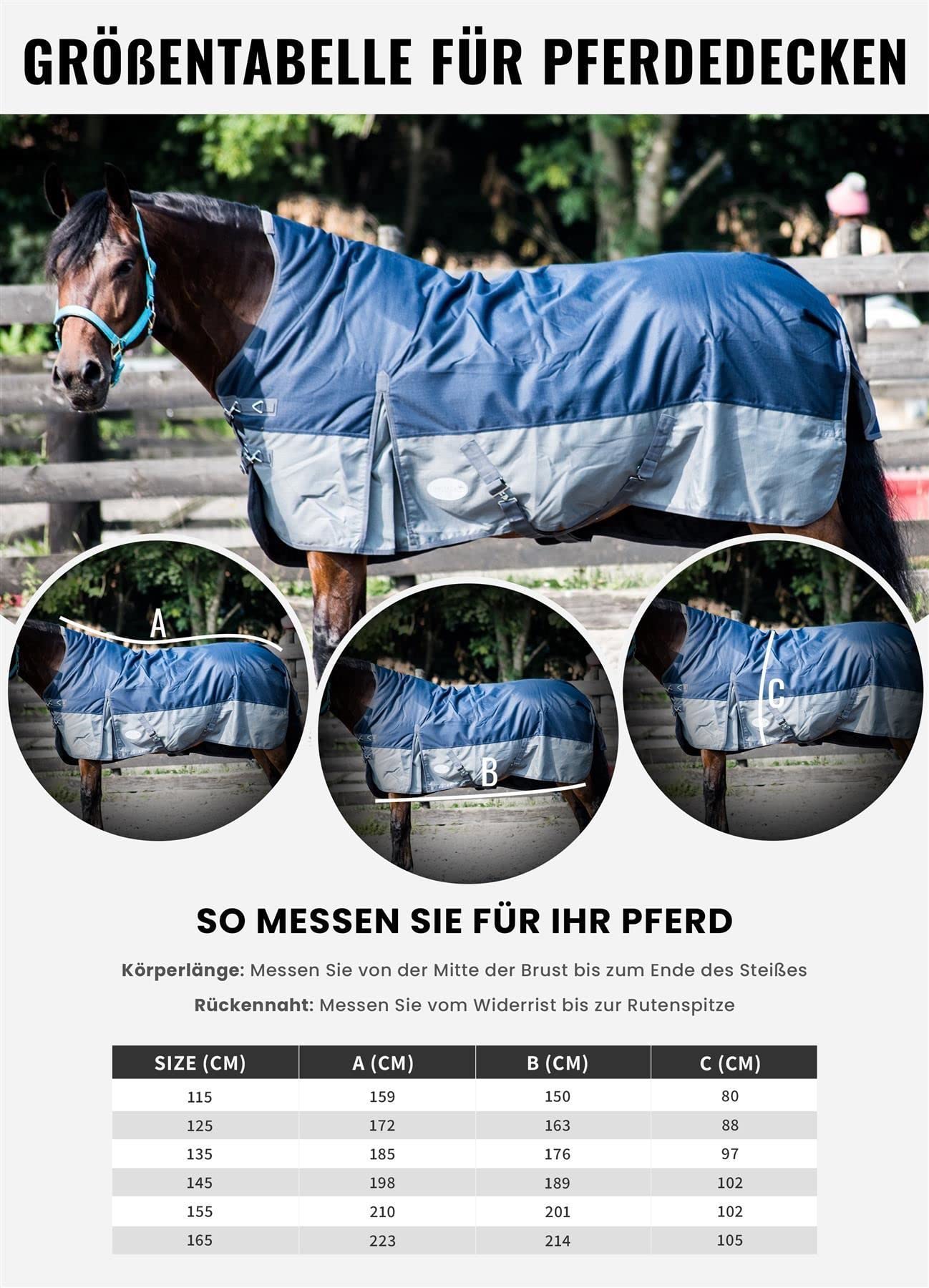 Equitack 600D Regendecke Pferd, 155cm | Highneck Pferdedecke mit Fleece Lining | wasserdichte Outdoordecke Pferd | Schwarz/Grau