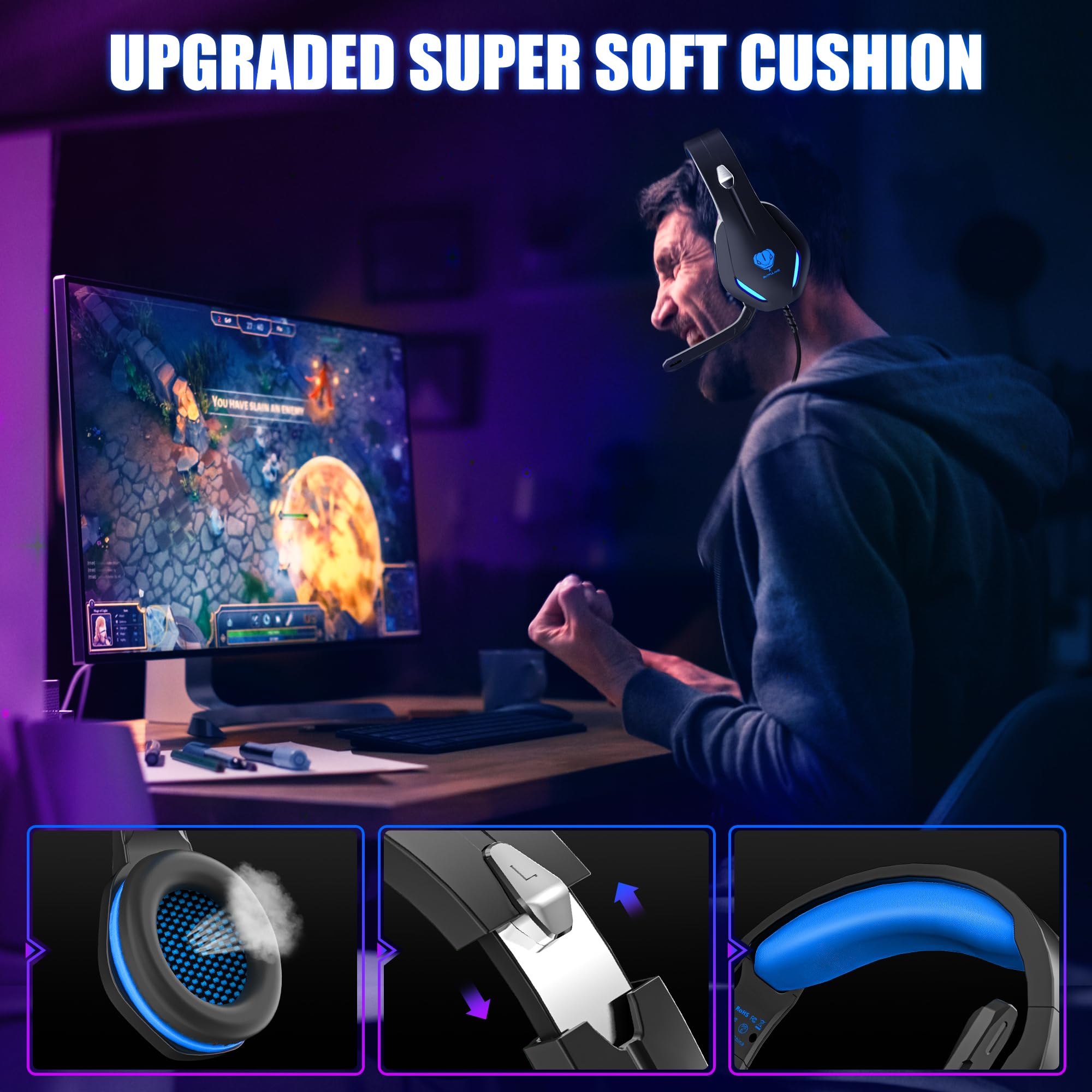 Casque Gaming avec Micro pour PS4 / PS5 / PC/Xbox One - Casque Gamer Audio Filaire Stéréo Surround avec Câble et LED - Ecouteurs Filaire à Réduction de Bruit