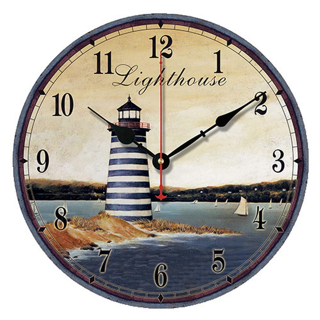 SWHONG Wall Clock Silent Non-ticking 12 Inch/30.5cm,Clocks for Living Room Office Kitchen（Lighthouses）
