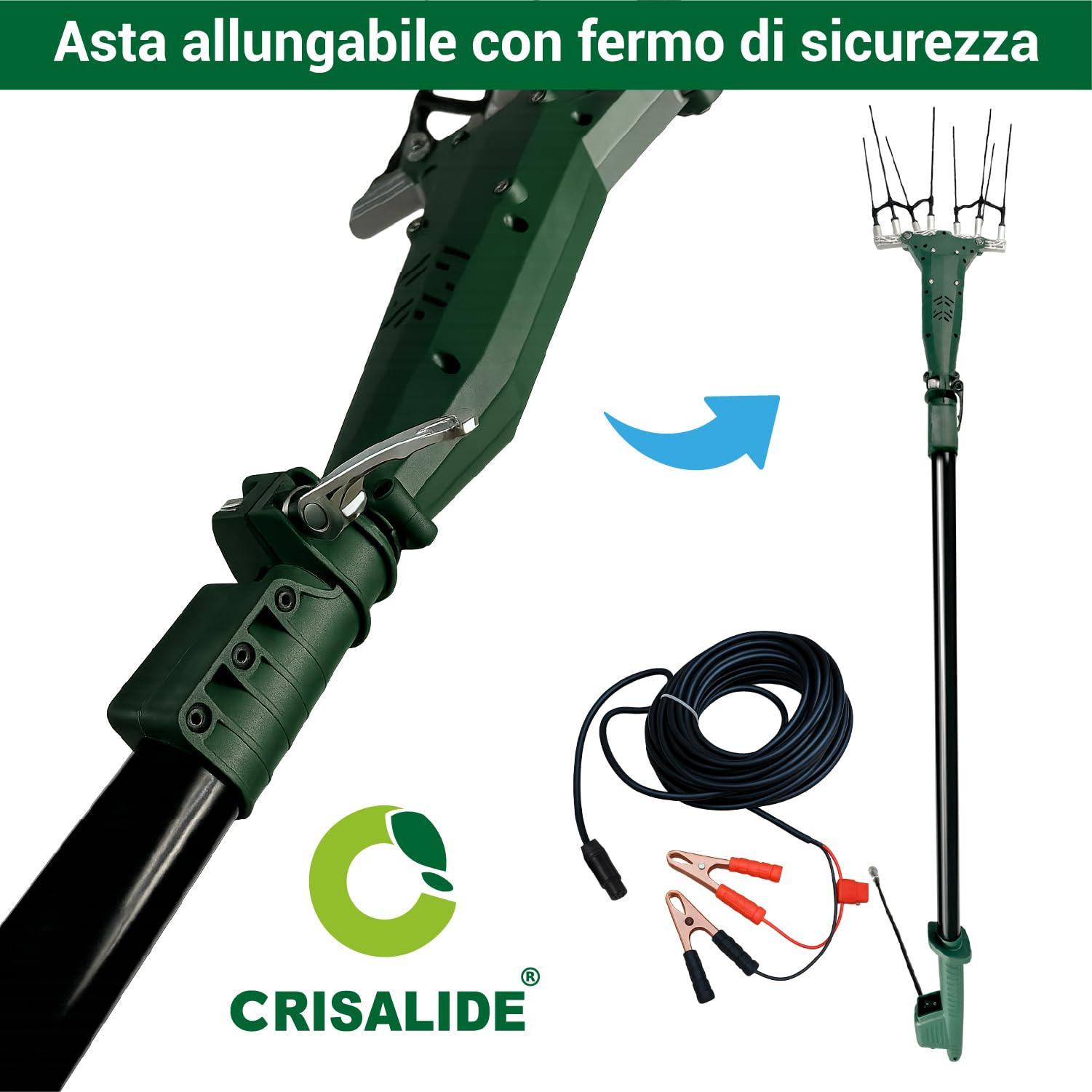 Crisalide® Abbacchiatore Elettrico per Olive TWIST-12 – Scuotitore 12V 140W Brushless con Asta Telescopica 2,3-3,0 m, Pettini in Fibra di Carbonio e Cavo da 15 m – Raccogliolive Professionale