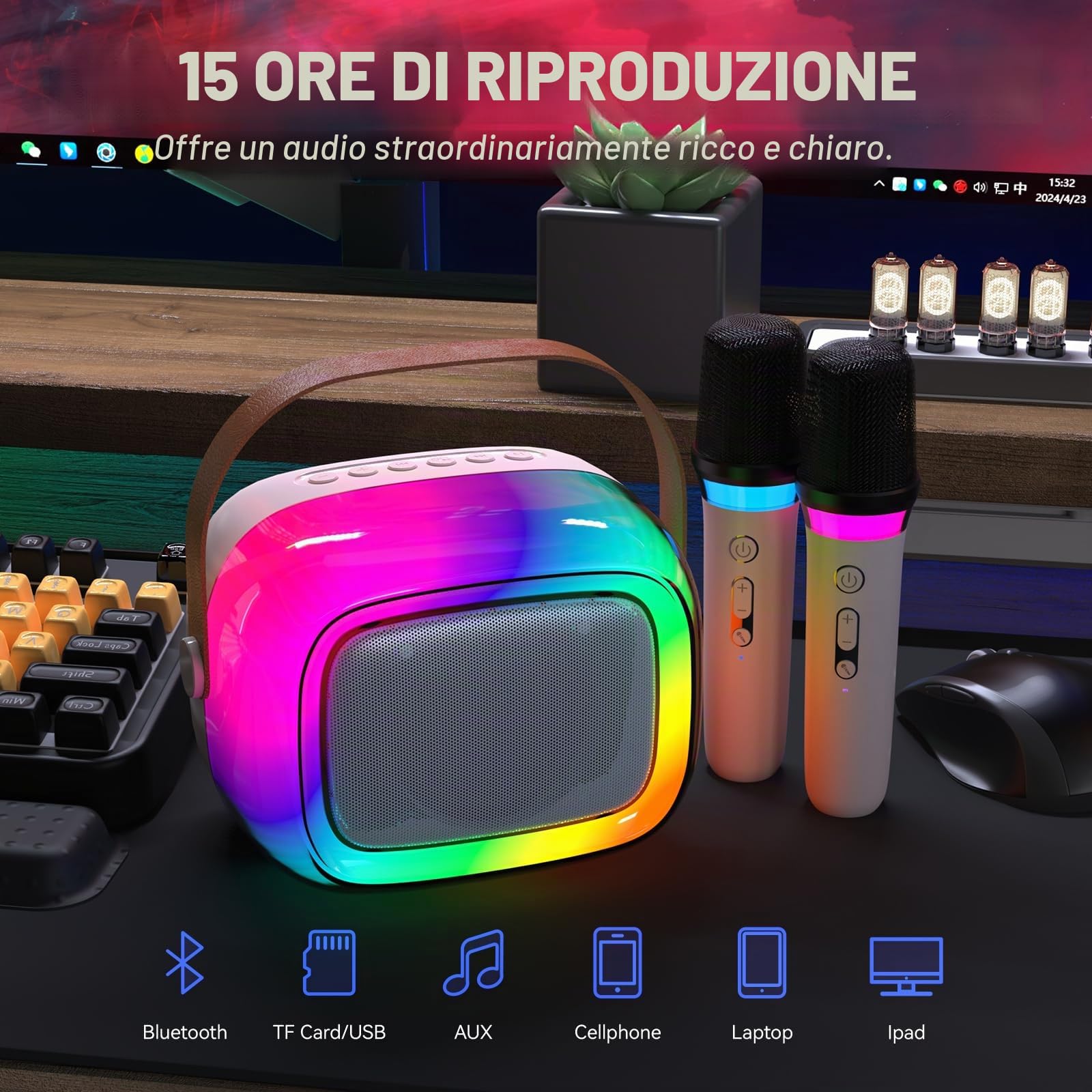 GUYUCOM Karaoke per Bambini con 2 Microfono Bambini, 5 Modalità di Illuminazione RGB, Karaoke Bluetooth è Compatibile con Una Varietà di Dispositivi, Adatto a Bambini di 4, 5, 6, 7, 8, 9, 10 Anni