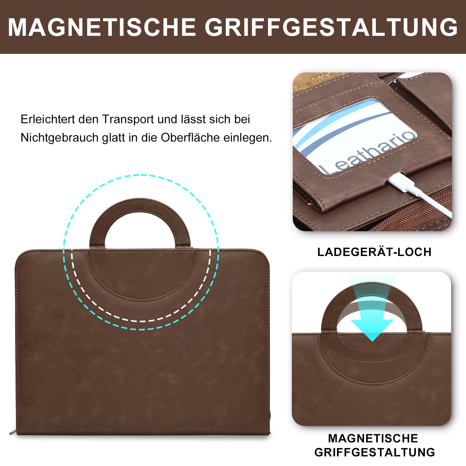 Leathario Konferenzmappe a4 mit Reißverschluss,Schreibmappe a4 mit 10 Dokumentenhüllen,Magnetgriff Arbeitsmappe mit 4 Ringbuch，Veganes Leder Mappe für Meetings,Behördengänge,Uni,Bewerbungsgespräche