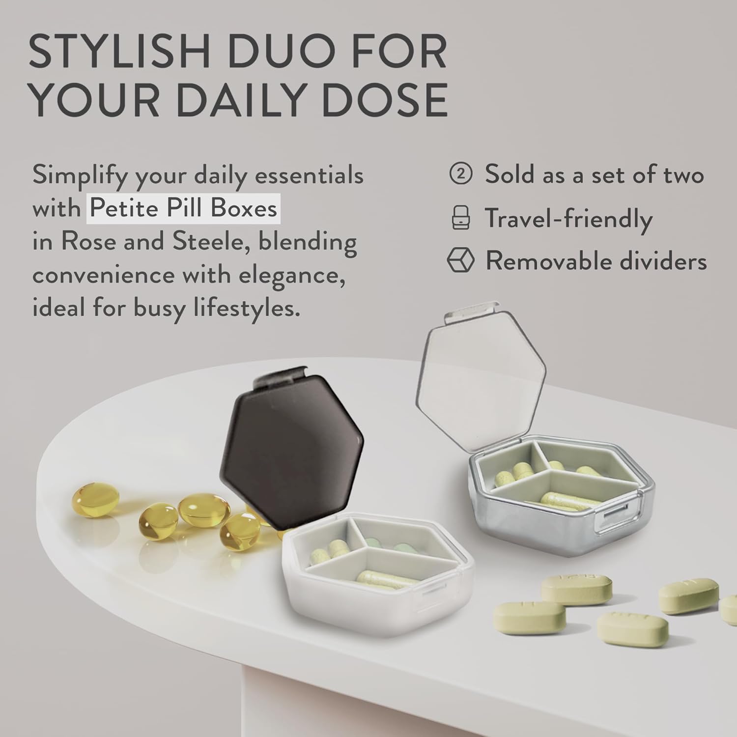 Mimi Medcessories Petite Pill Box Set - Stylish Compact Daily Pill Organizer, Medication Pill Case, Pill Container for Vitamin Management, Travel Essentials for Women/Men - Set of 2, Blanc & Platinum