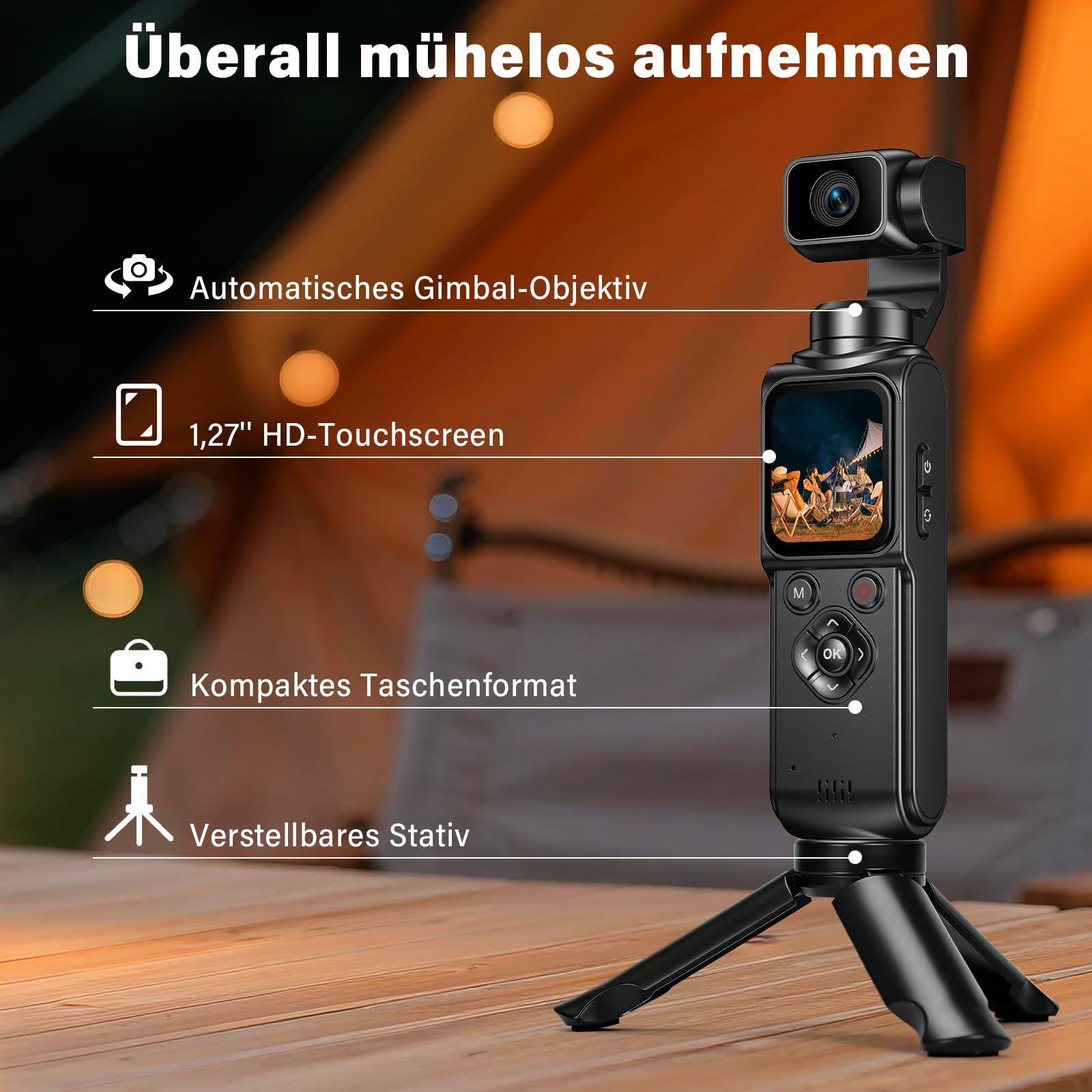 Action Kamera 4K, Vlog Kamera mit 1,72-Zoll-Touchscreen und 2-Achsen Stabilisierung, Digitalkamera mit 64GB Karte, AI Tracking & App Verbindung, Kompakte Video Kamera für Reisen Outdoor