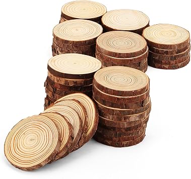 LEXININ 50 PCS Wood Slices, 3.5-3.9 Inch Unfinished Wooden Log Slices, Tree Bark Wood Discs for Craft DIY Ornaments
