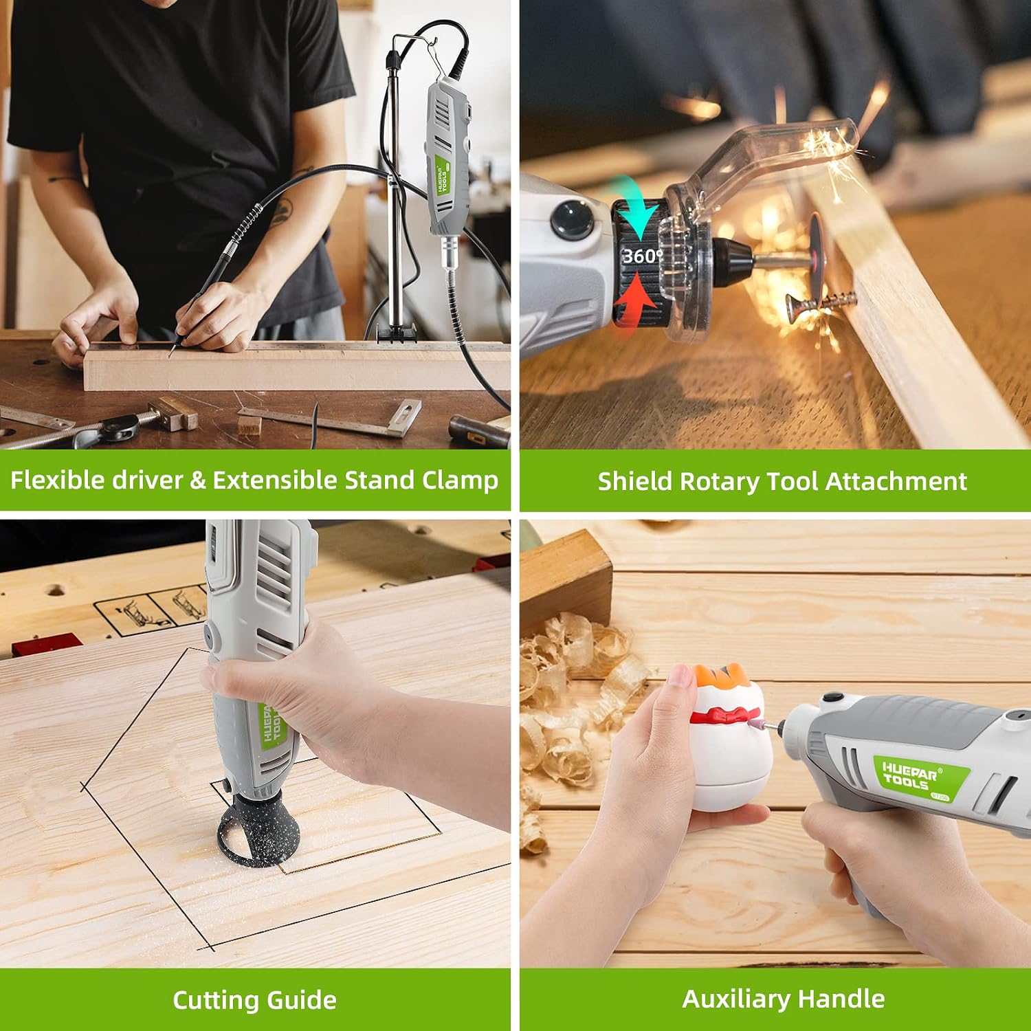 Rotary tool performing various applications: cutting, carving, sanding, drilling