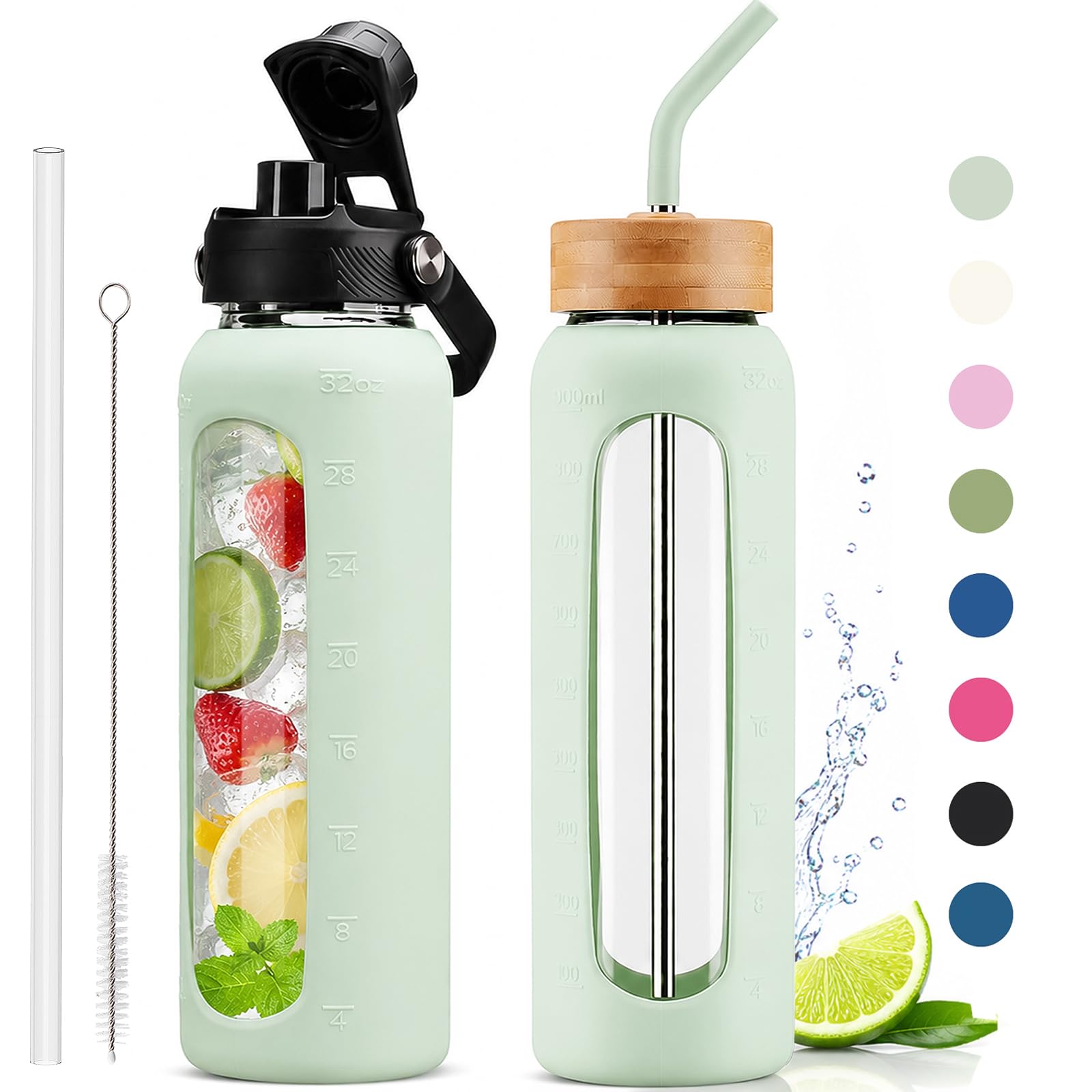 32 oz Glass Water Bottle with Straw and 2 Lids, Light Green