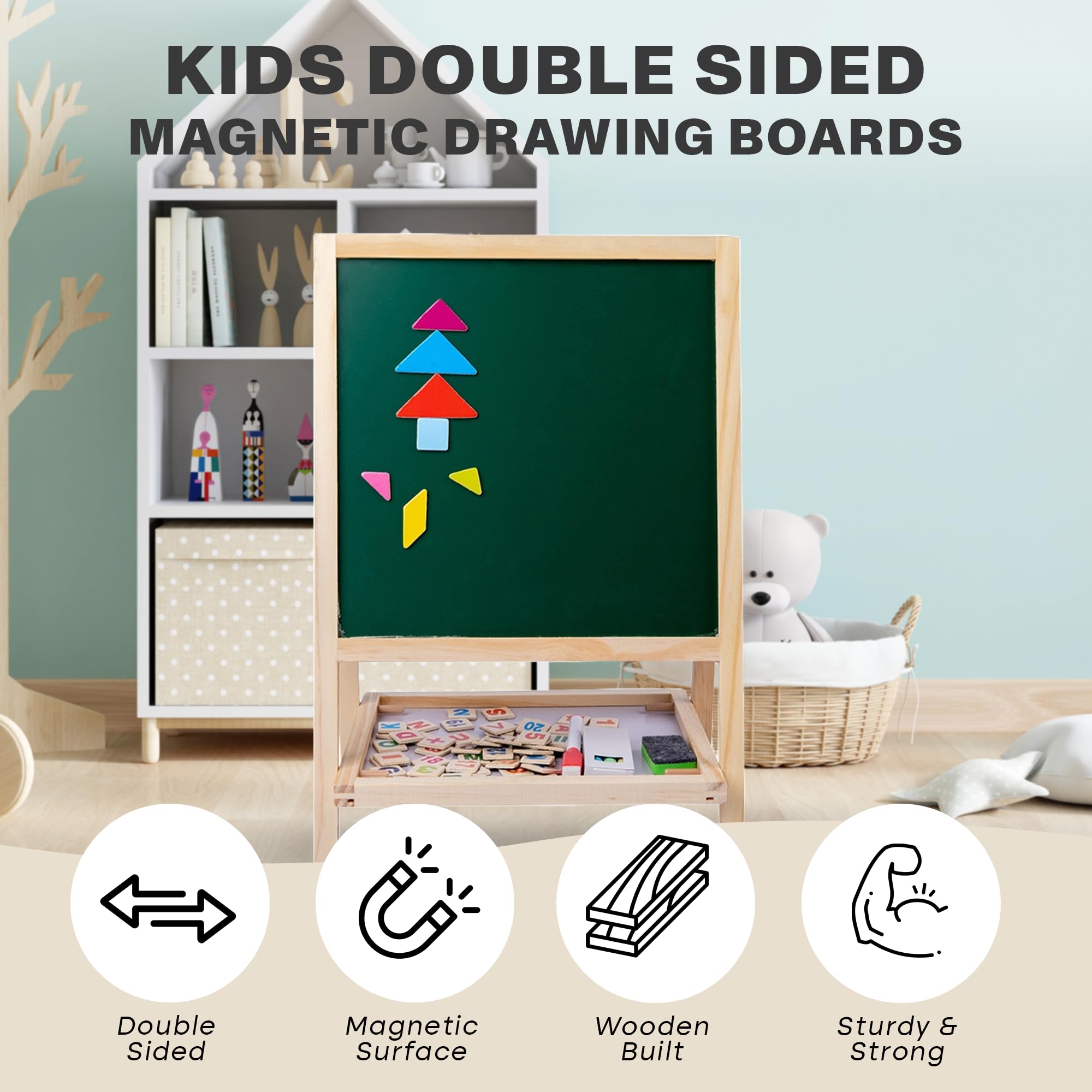 Newdru SketchBoard Pro Double-Sided Kids Drawing Board with Chalk & Marker Surfaces | Wooden Frame with Height Adjustable Drawing Stand for Kids Learning - Gifts for Toddlers - 27 x 40cm - Image 6 thumbnail
