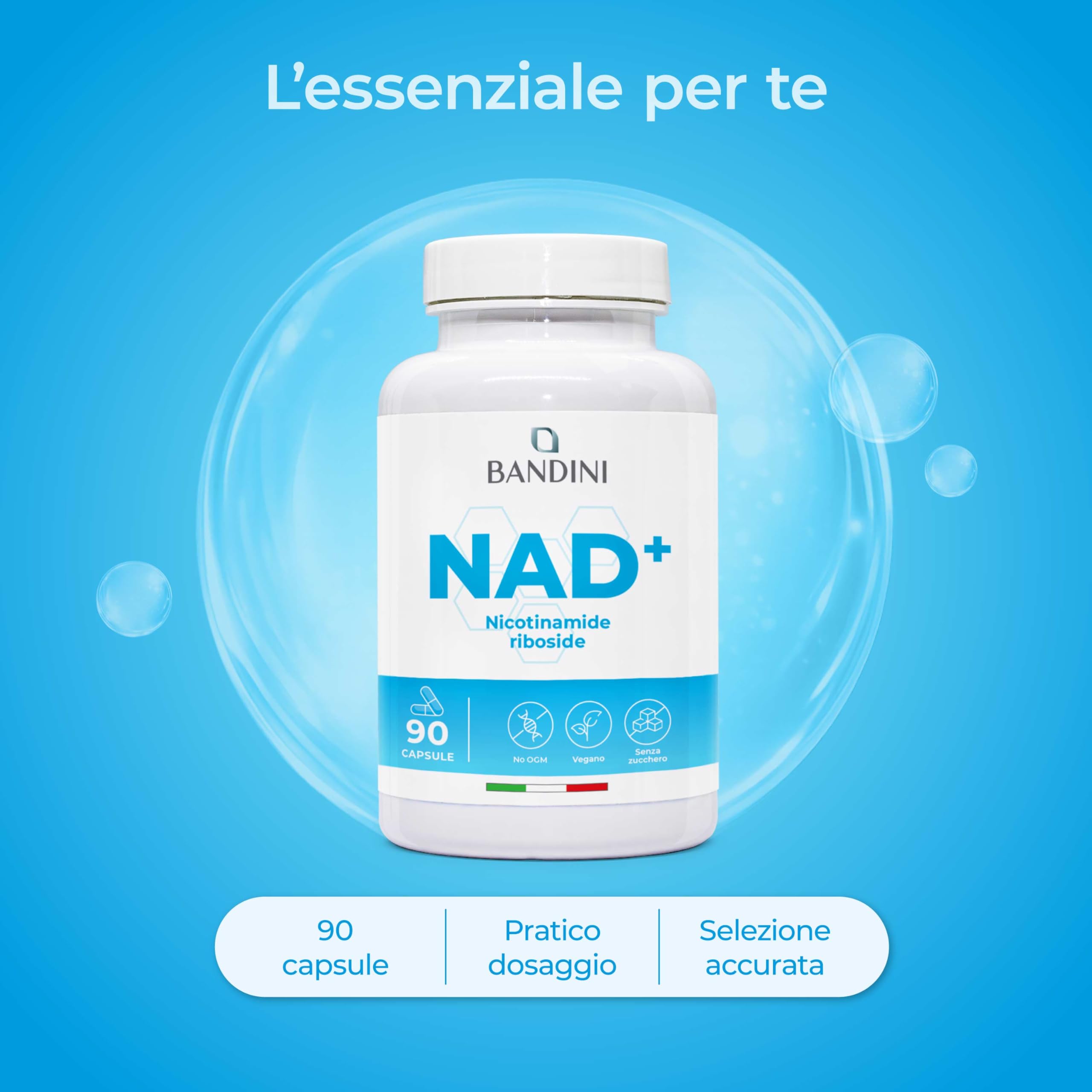 Bandini® NAD+ Nicotinamide Riboside Cloruro 300 mg | +3 Mesi di Scorta | NAD Booster | Energia e Riduzione Stanchezza | Supporto Nervoso | 90 Capsule Vegetali | Premium & Vegan | Assorbimento ottimale