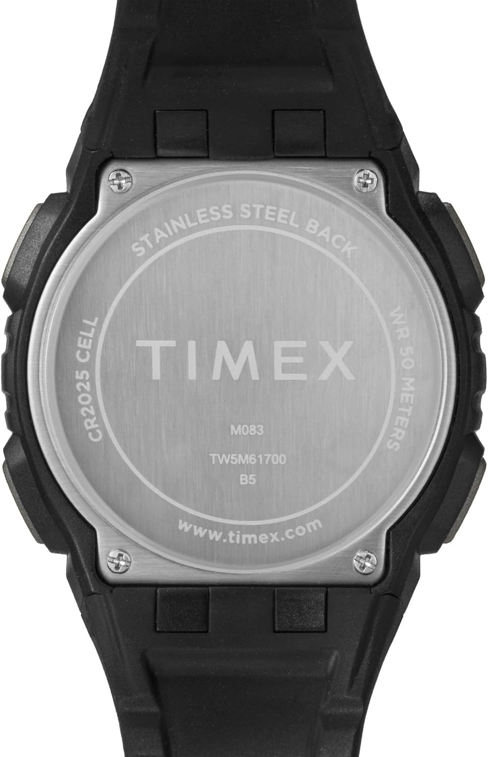 Back of Timex Digital 43mm Watch showing 'Stainless Steel Back', 'WR 50 Meters', and 'CR2025 CELL'