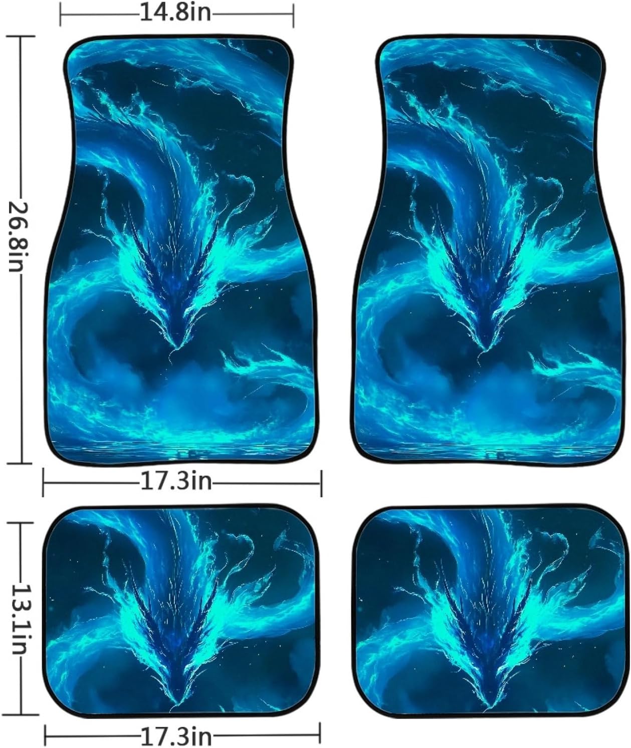4pcs Blue Dragon Car Floor Mats, Anti-Slip Automotive All Weather Rubber Floor Mats for Cars SUV Truck & Van, Heavy Duty Front & Rear Protection, Car Accessories for Women Men