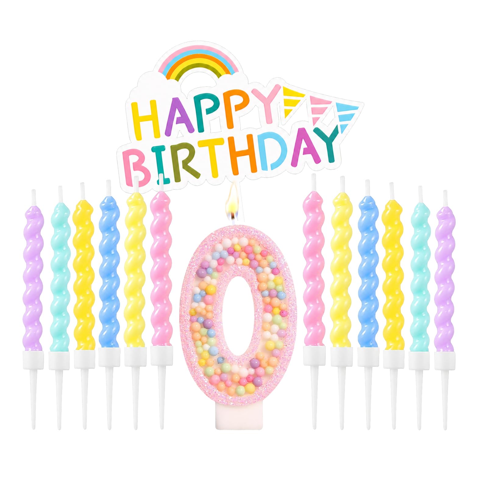 Number Birthday Candles Set with Rainbow Cake Decoration, Macaron Cake Toppers with 12pcs Pastel Spiral Candles for Boys Girls Birthday Party Supplies & Anniversary(Pink, 0 Candle) — image 1