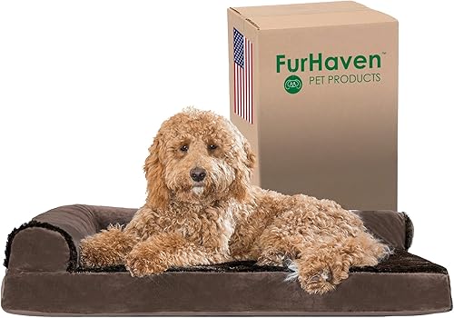 Furhaven - Cama ortopédica para perro, estilo caja de huevos, en forma de L, estilo diván de felpa y terciopelo, marrón sable, talla L