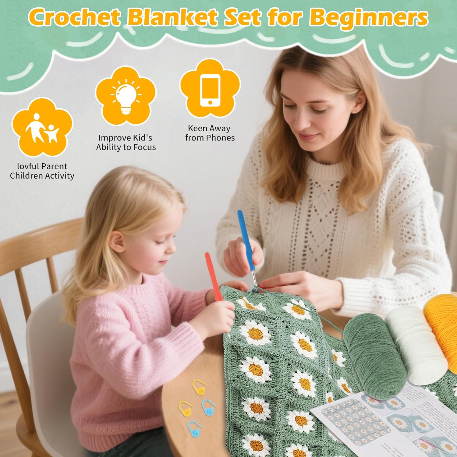 Crystalberry Green Daisy Crochet Blanket Kit for Beginners 40in × 40in Granny Square Pattern Crochet Yarn Accessories Complete Crochet Starter Kit for Adults