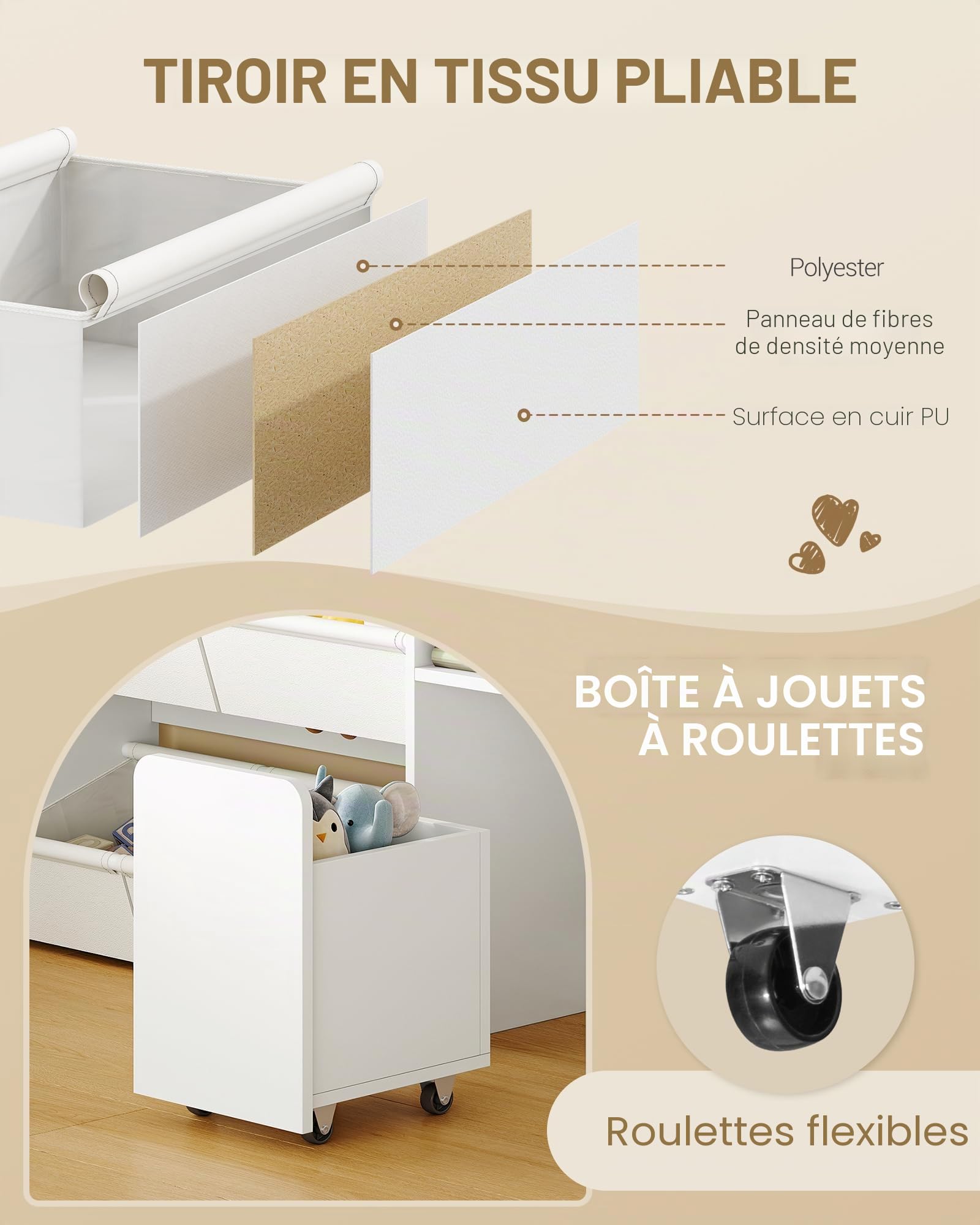 Hzuaneri Bibliothèque Enfant avec 2 Coffre de Rangement à roulettes, Meuble Rangement Enfant à 4 Niveaux, Étagère à Jouets, étagère pour Chambre d'enfant, Bureau Blanc, 30 x 140 x 120 cm KB75203W