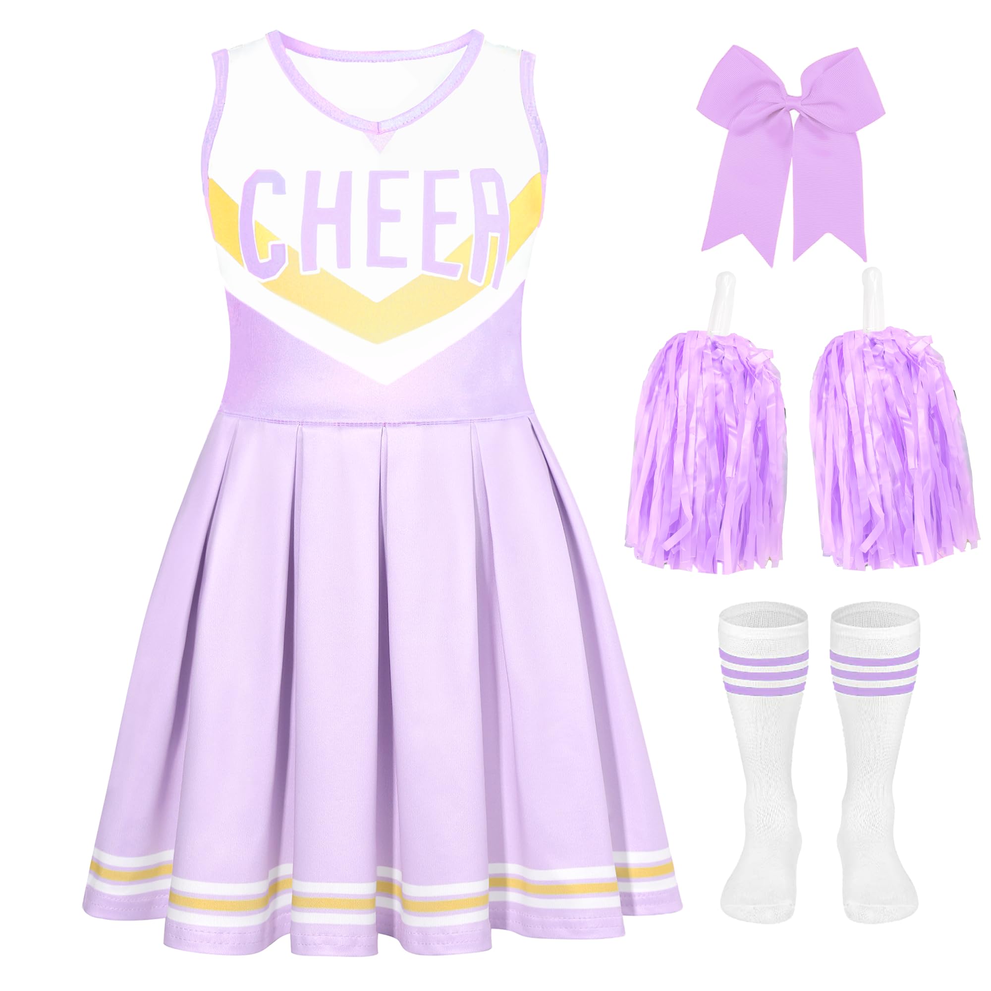 SCYPRUTH Cheerleader Costume for Girls Cheerleader Outfit for Kids Cheerleading Dress with Pom Poms for Halloween Dress Up