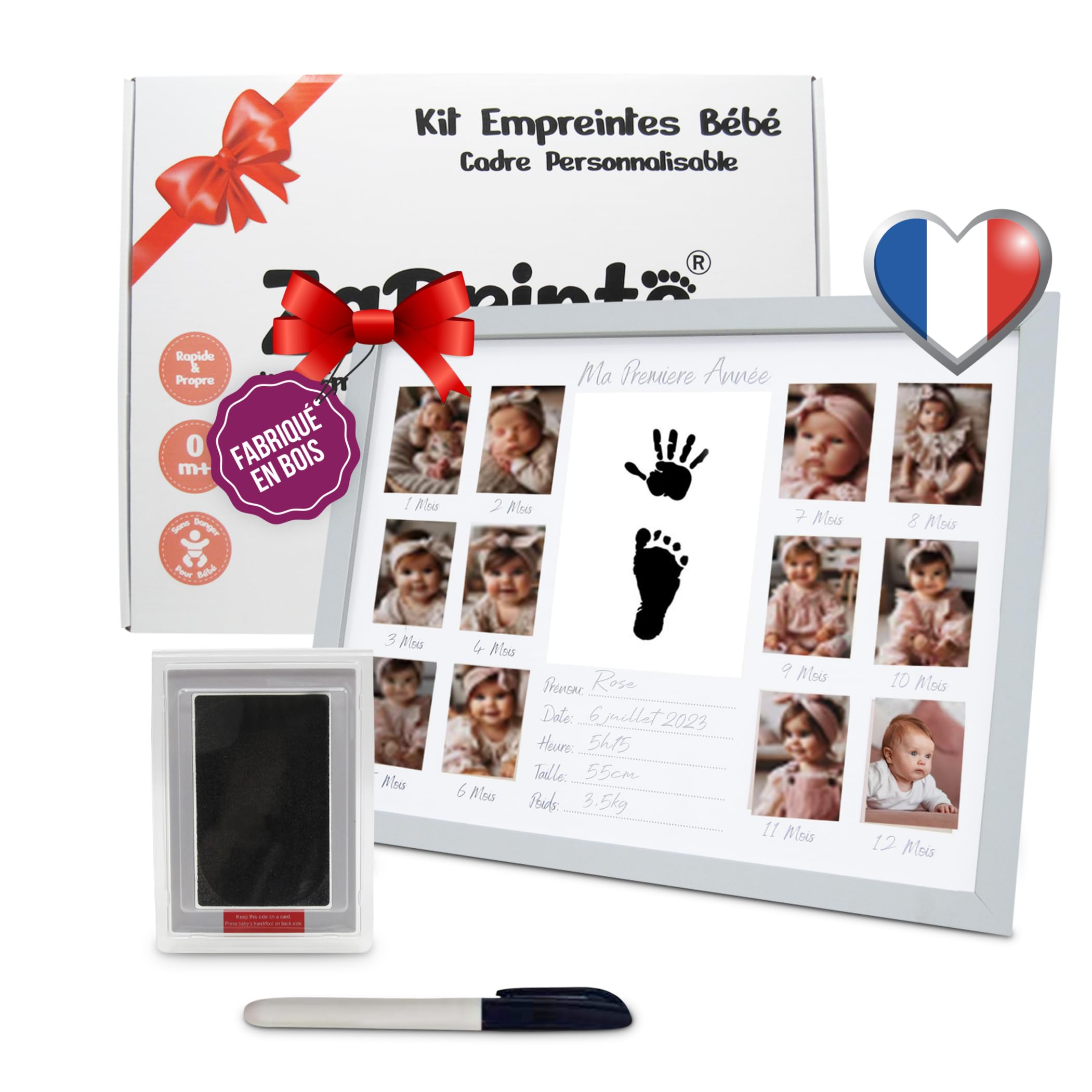 Cadre Photo Souvenir de la Première Année Bébé - 12 photos Pêle Mêle - Kit Empreinte Bébé - Cadeau Naissance Personnalisé - Décoration Cadre Chambre Bebe - Coffret Cadeau- En Français