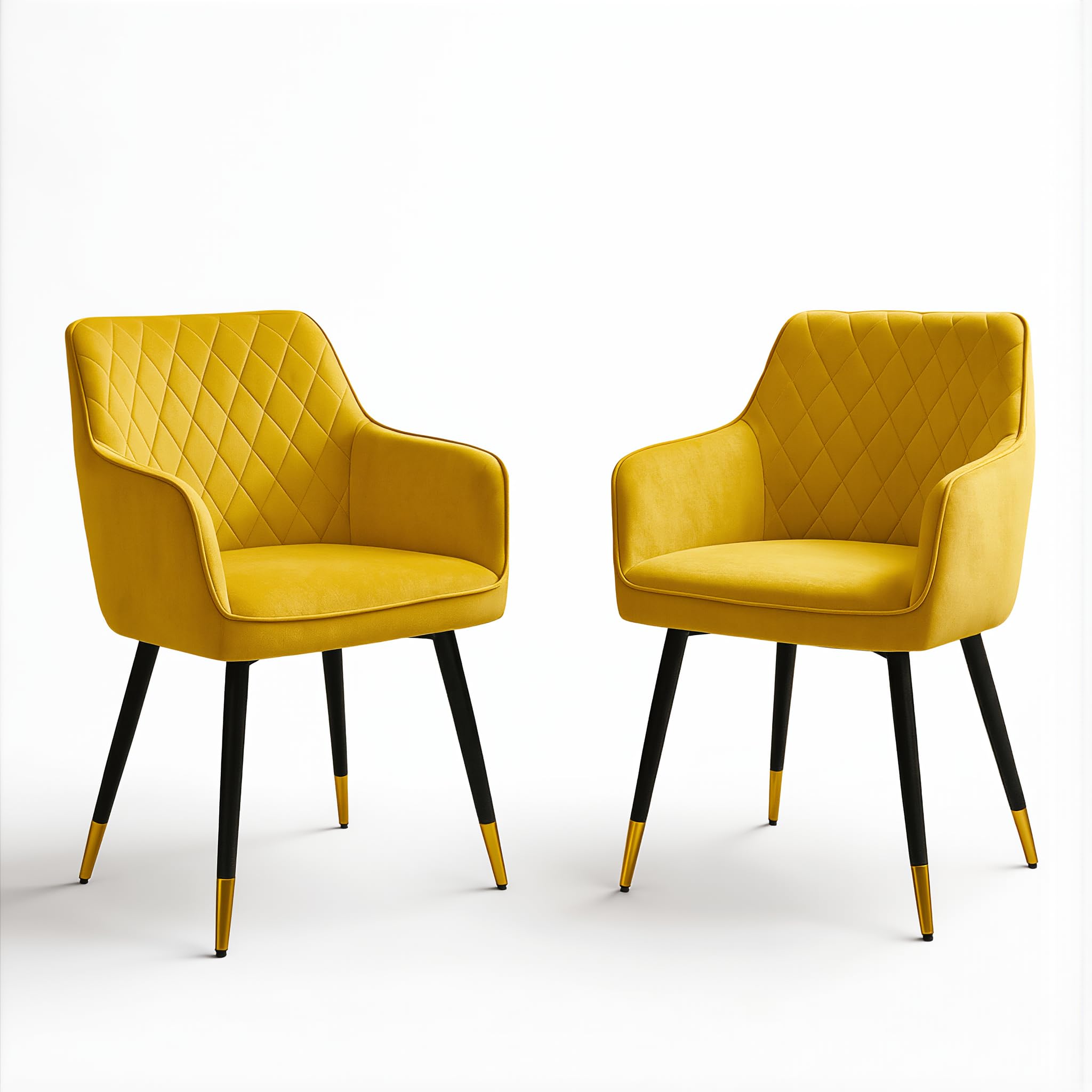 Set 2 Poltroncine in Velluto Trapuntato con Braccioli – Gambe Ferro Nero Dettaglio Oro – Seduta 49 cm – Sedia Design per Sala da Pranzo Soggiorno Sala d'Attesa Ufficio – 60x63x80 cm (Giallo canarino)