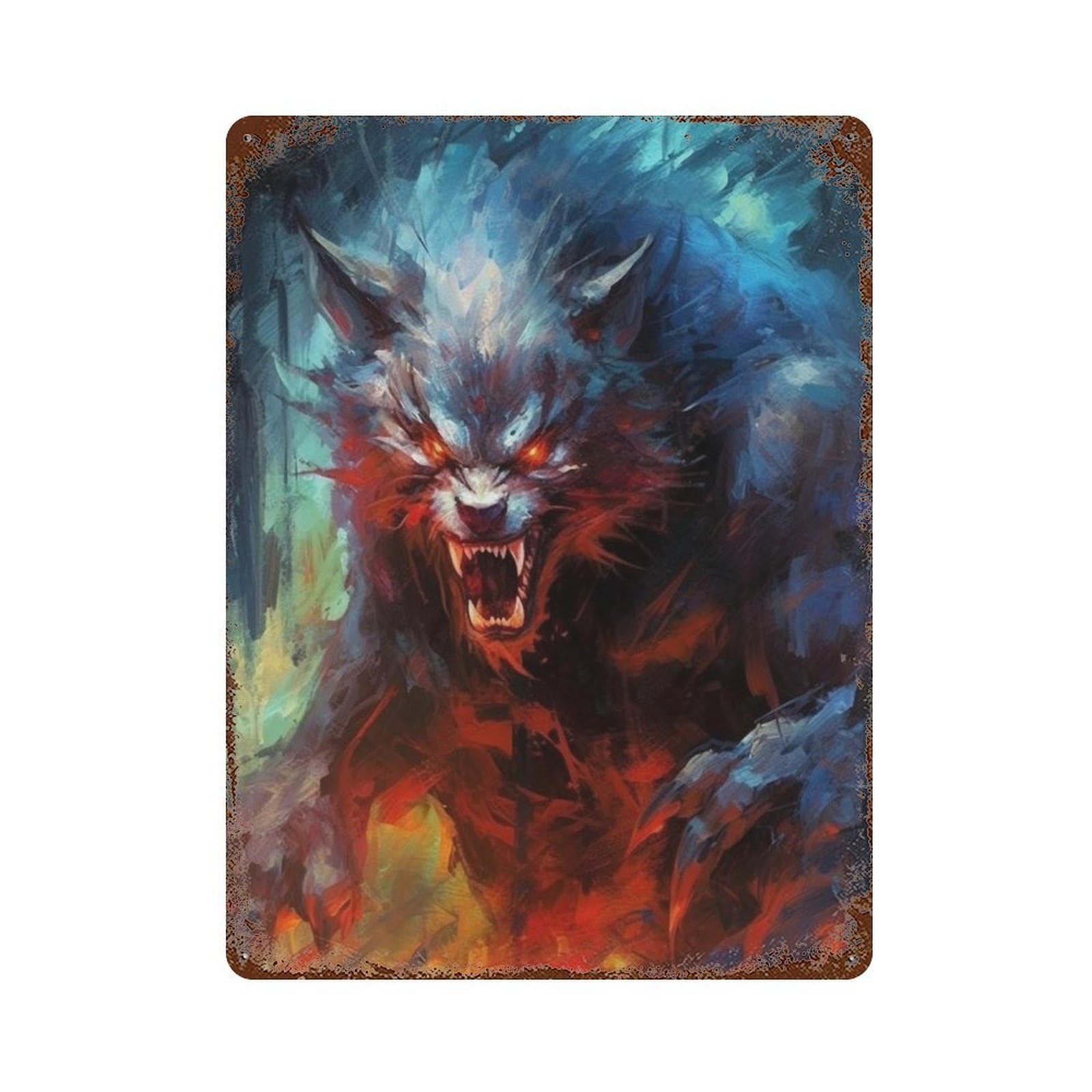 Rust Effect Fiery Beast Artwork Rustic Tin Plaque 15.7"x11.8", Industrial Home Decor for Bistro, Counter And Cafe Decor