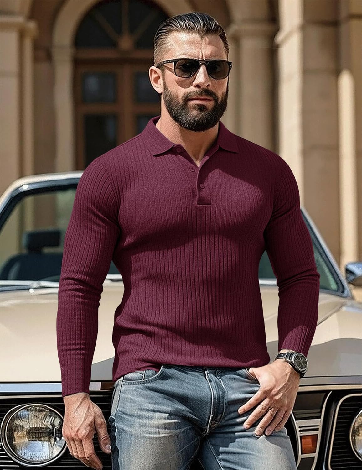 Muscle Cmdr Men's Cotton Long Sleeve Muscle T Shirts Slim Fit Business Casual Tee Short Sleeve Ribbed Polo V Neck - Image 3